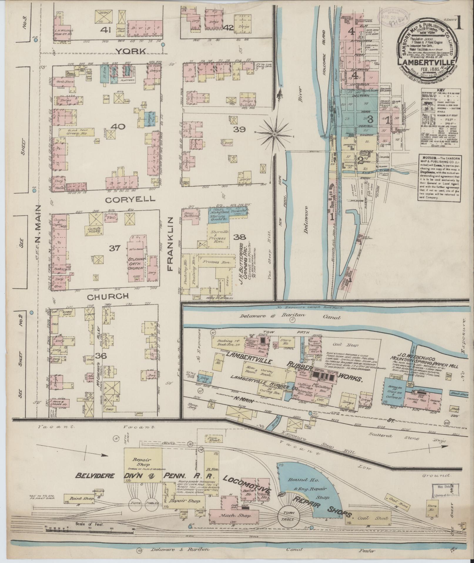 Sanborn Fire Insurance Map from Lambertville, Hunterdon County, New Jersey. (1885) – Historic Sanborn Fire Insurance Map Print