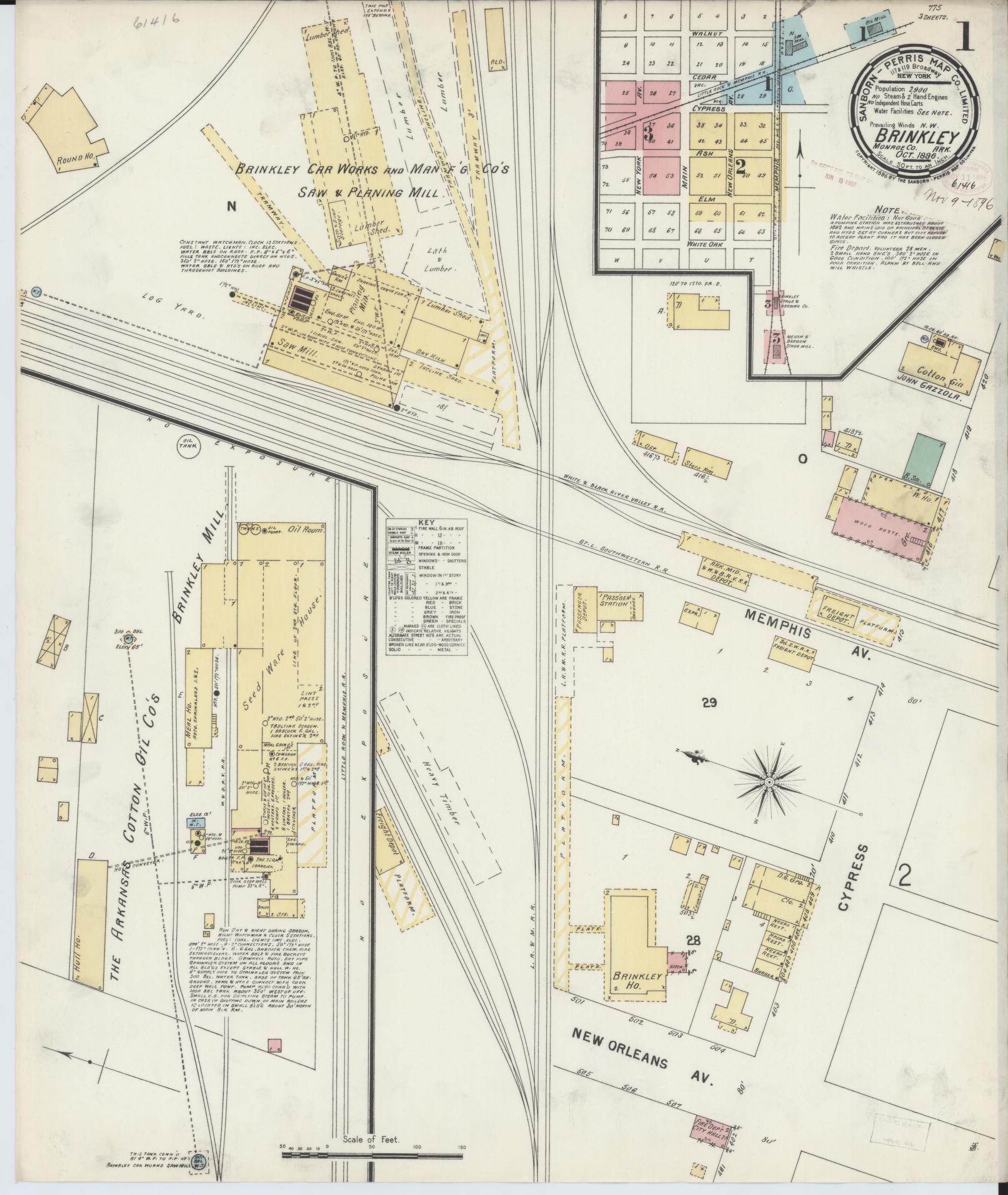 Sanborn Fire Insurance Map from Brinkley, Monroe County, Arkansas (1896), Sheet #0001 - Historic Sanborn Fire Insurance Map Print, vintage old map wall art, antique decor, genealogy gift, Arkansas Arkansas map