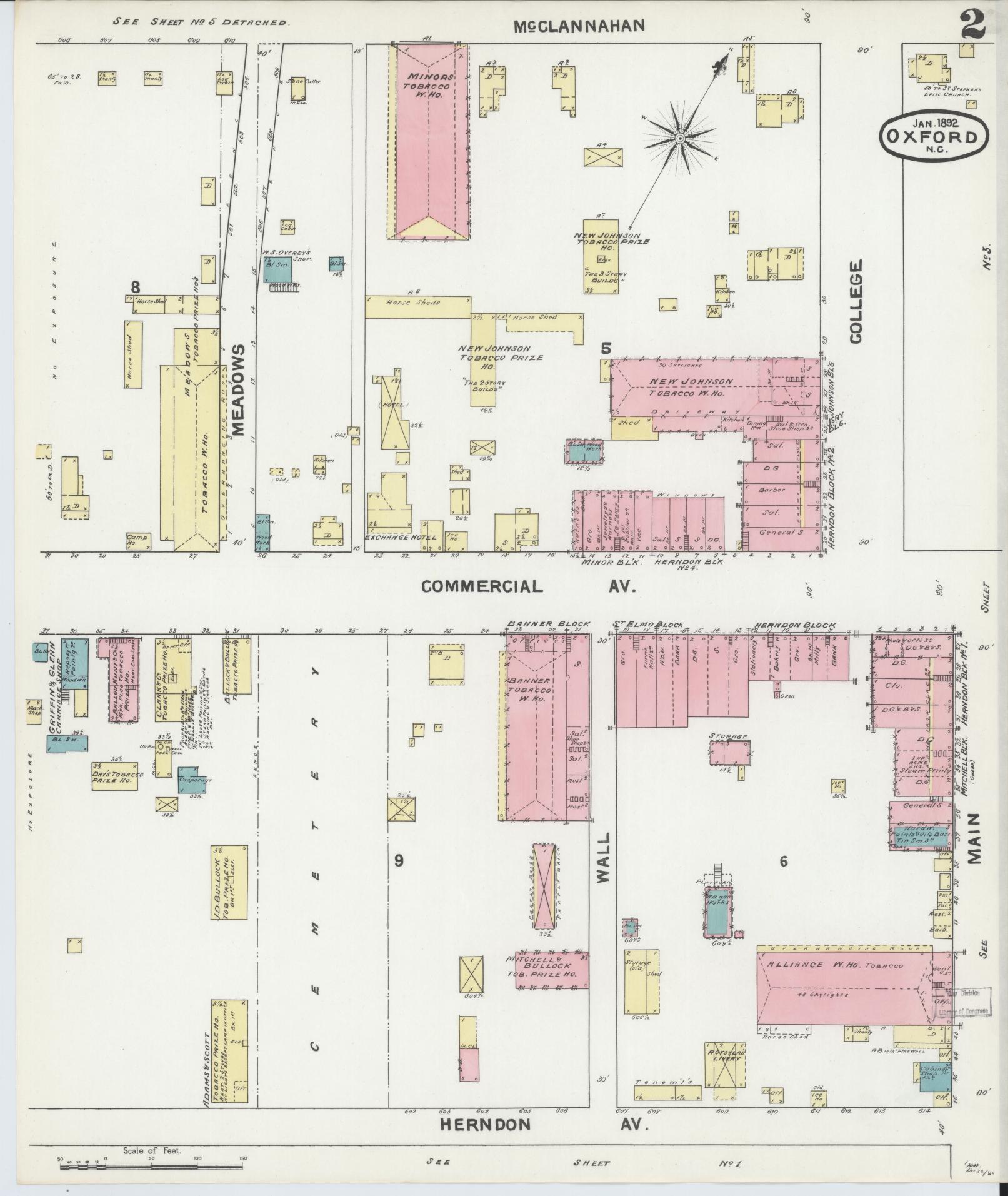 Sanborn Fire Insurance Map from Oxford, Granville County, North Carolina (1892), Sheet #0002 - Complete Map Set gallery image, historic Sanborn map, vintage wall art, North Carolina North Carolina