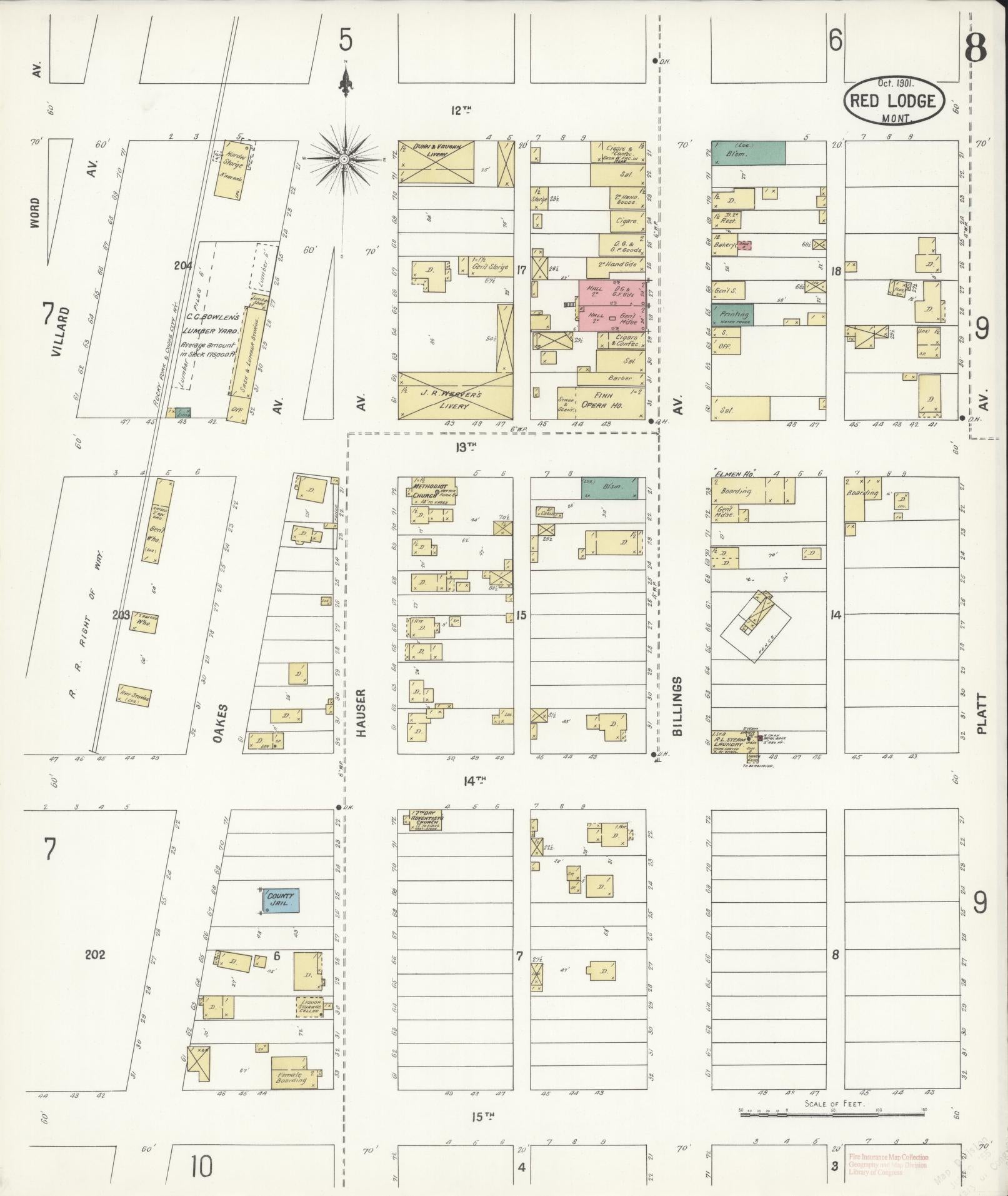 Sanborn Fire Insurance Map from Red Lodge, Carbon County, Montana (1901), Sheet #0008 - Historic Sanborn Fire Insurance Map Print, vintage old map wall art, antique decor, genealogy gift, Montana Montana map