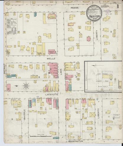 Sanborn Fire Insurance Map from South Lyon, Oakland County, Michigan (1893), Sheet #0001 - Historic Sanborn Fire Insurance Map Print, vintage old map wall art, antique decor, genealogy gift, Michigan Michigan map