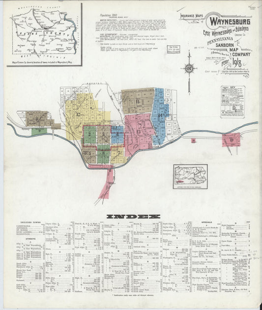 Sanborn Fire Insurance Map from Waynesburg, Greene County, Pennsylvania (1918), Sheet #0001 - Historic Sanborn Fire Insurance Map Print, vintage old map wall art, antique decor, genealogy gift, Pennsylvania Pennsylvania map
