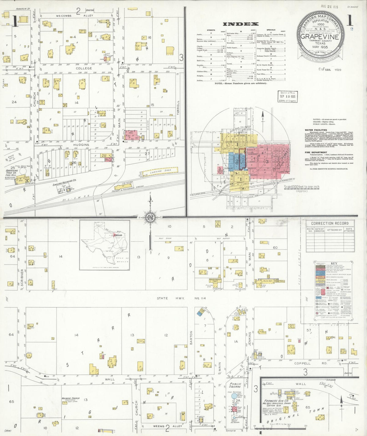 Sanborn Fire Insurance Map from Grapevine, Tarrant County, Texas (1935), Sheet #0001 - Complete Map Set gallery image, historic Sanborn map, vintage wall art, Texas Texas