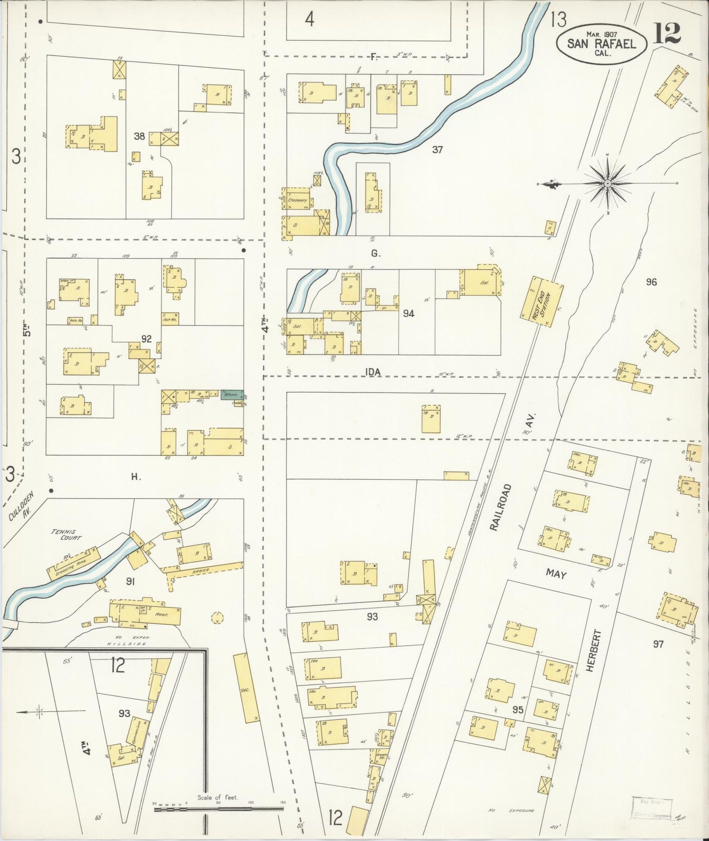 Sanborn Fire Insurance Map from San Rafael, Marin County, California (1907), Sheet #0012 - Complete Map Set gallery image, historic Sanborn map, vintage wall art, California California