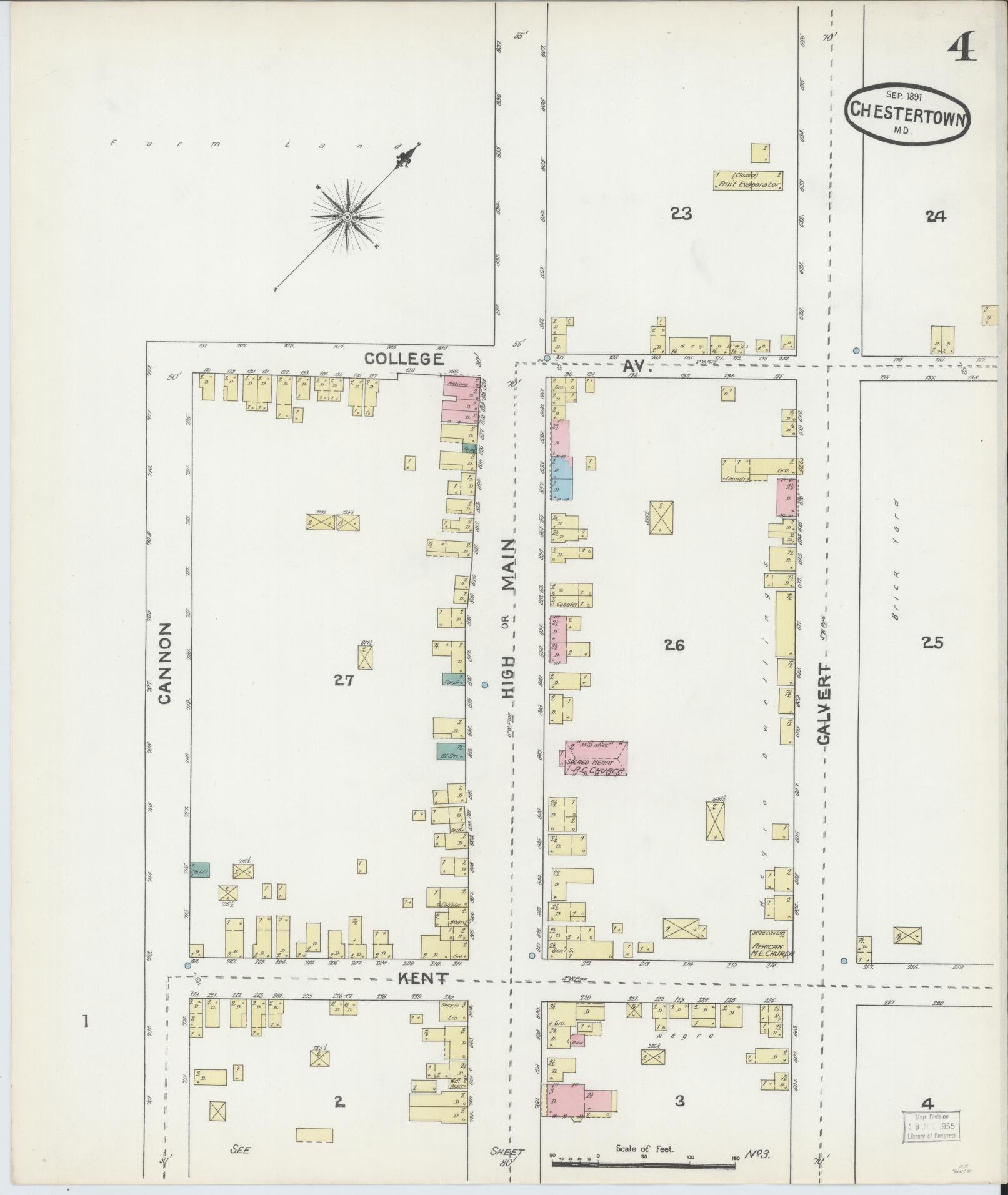 Kent, Maryland - 1891 - Sanborn Fire Insurance Map, Sheet #0004 - Historic Sanborn Fire Insurance Map Print, Kent Maryland 1891 0004 vintage old map wall art