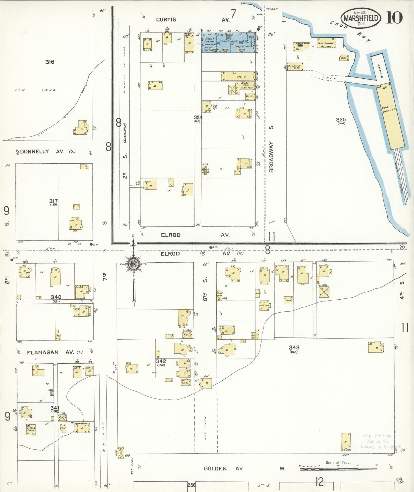 Sanborn Fire Insurance Map from Marshfield, Coos County, Oregon (1911), Sheet #0010 - Historic Sanborn Fire Insurance Map Print, vintage old map wall art, antique decor, genealogy gift, Oregon Oregon map
