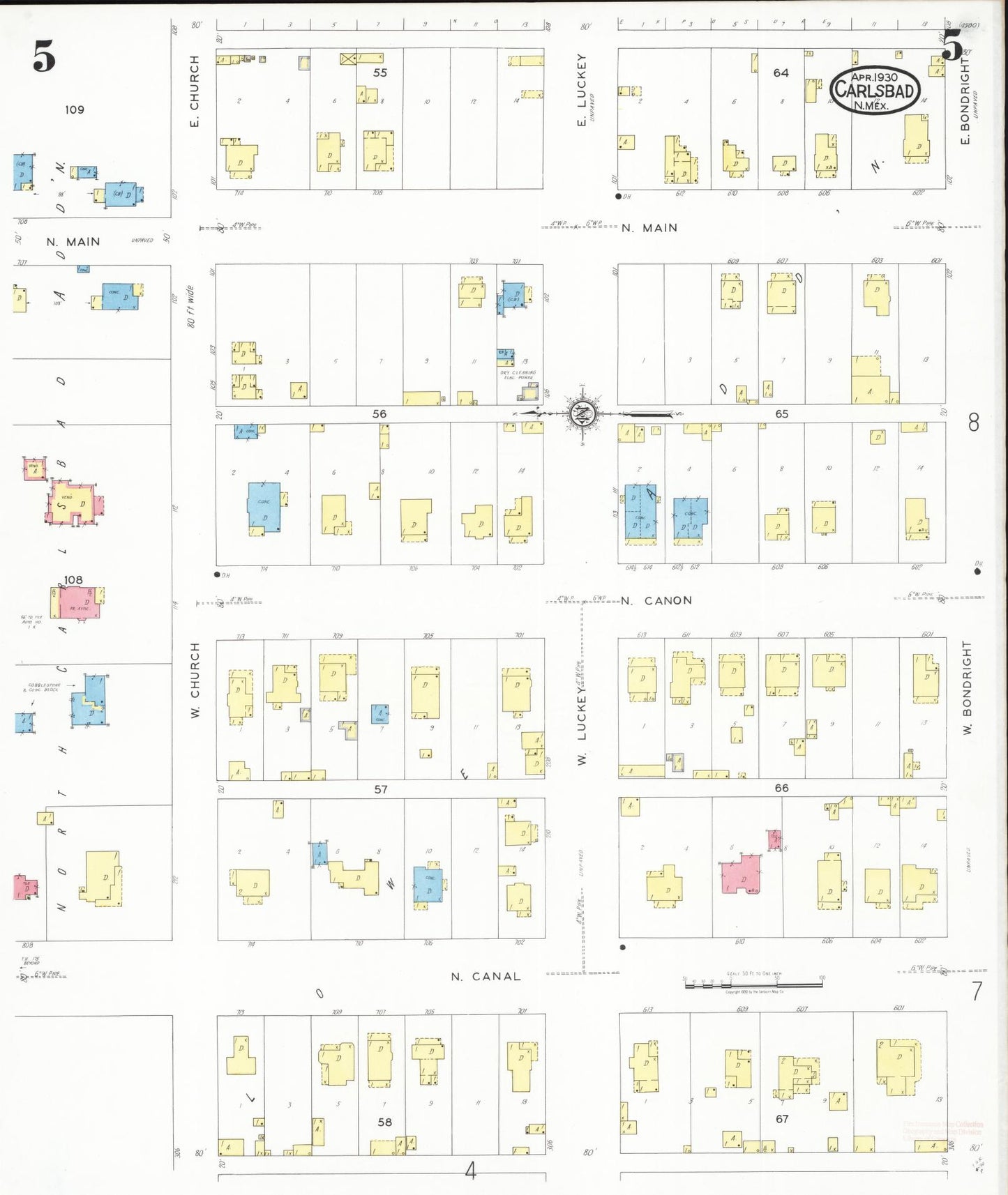 Sanborn Fire Insurance Map from Carlsbad, Eddy County, New Mexico (1930), Sheet #0005 - Complete Map Set gallery image, historic Sanborn map, vintage wall art, New Mexico New Mexico
