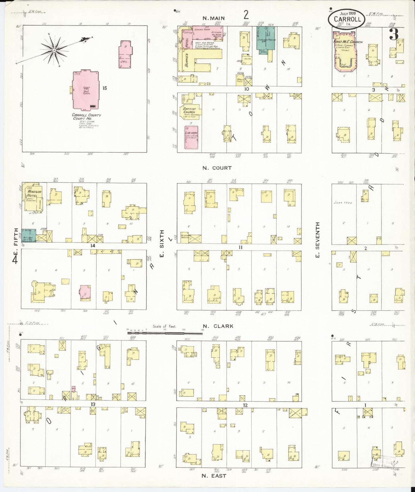 Sanborn Fire Insurance Map from Carroll, Carroll County, Iowa (1909), Sheet #0003 - Historic Sanborn Fire Insurance Map Print, vintage old map wall art