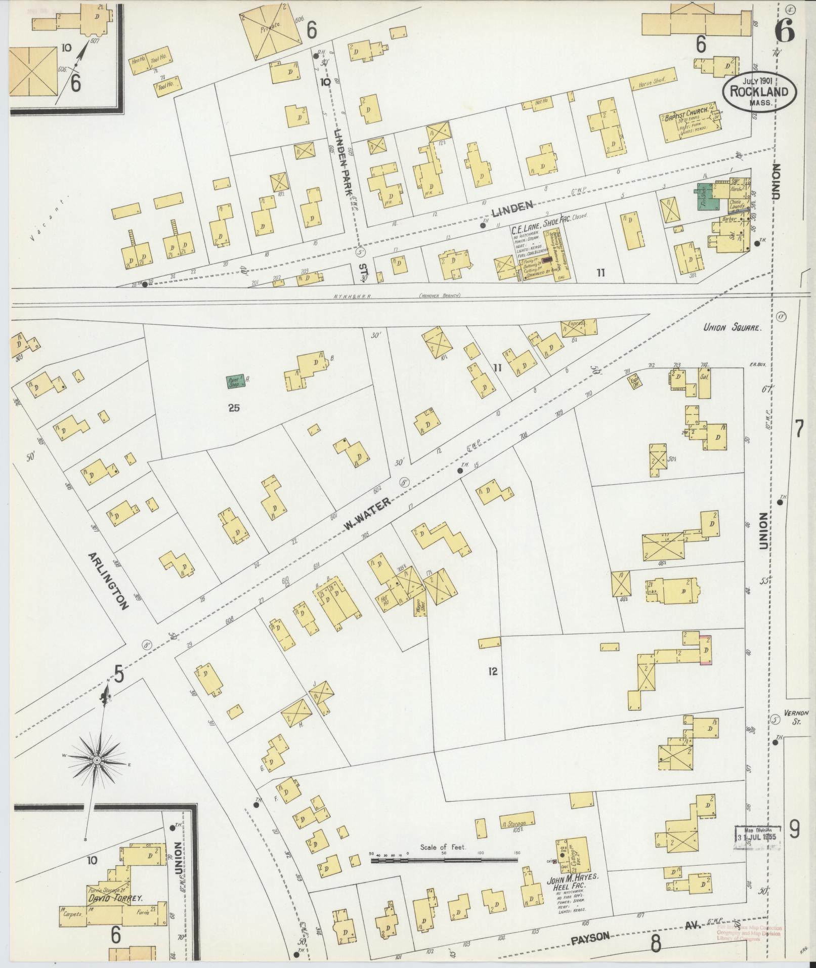 Sanborn Fire Insurance Map from Rockland, Plymouth County, Massachusetts (1901), Sheet #0006 - Historic Sanborn Fire Insurance Map Print, vintage old map wall art, antique decor, genealogy gift, Massachusetts Massachusetts map