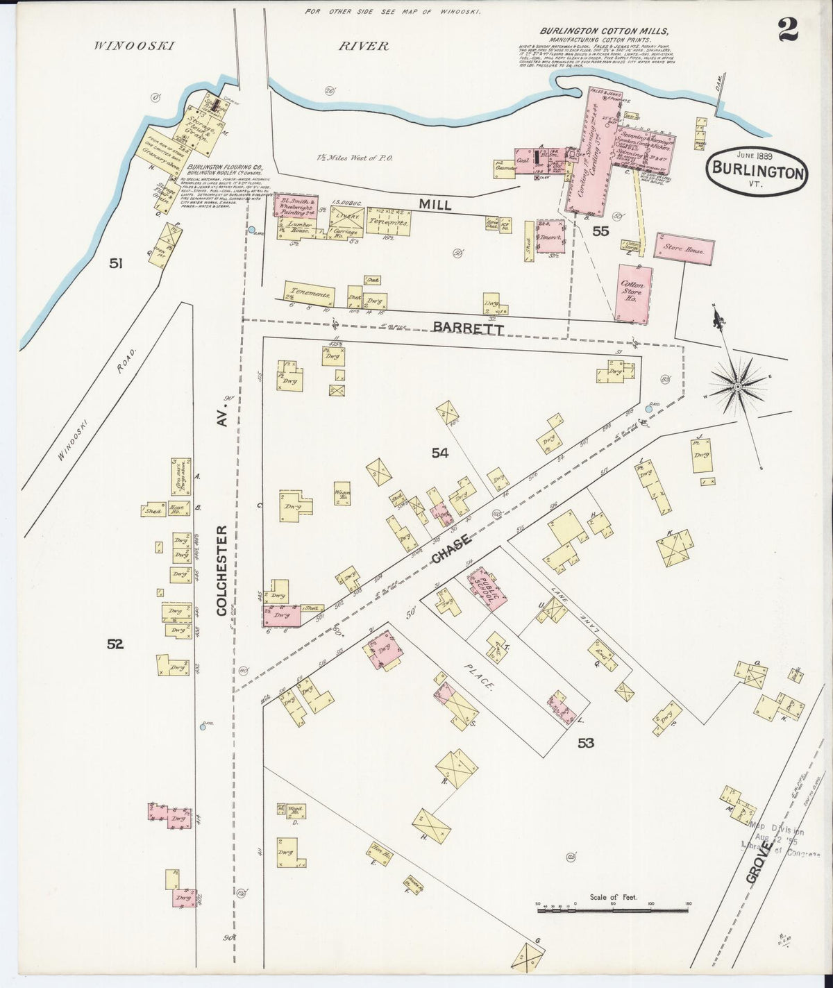 Sanborn Fire Insurance Map from Burlington, Chittenden County, Vermont (1889), Sheet #0002 - Historic Sanborn Fire Insurance Map Print, vintage old map wall art, antique decor, genealogy gift, Vermont Vermont map