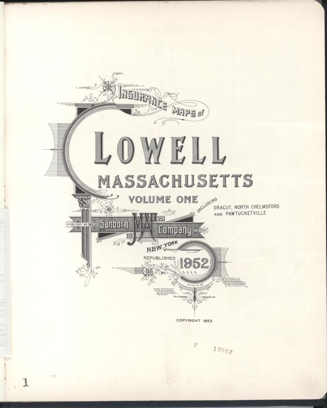 Sanborn Fire Insurance Map from Lowell, Middlesex County, Massachusetts (1952), Sheet #0001 - Complete Map Set gallery image, historic Sanborn map, vintage wall art, Massachusetts Massachusetts