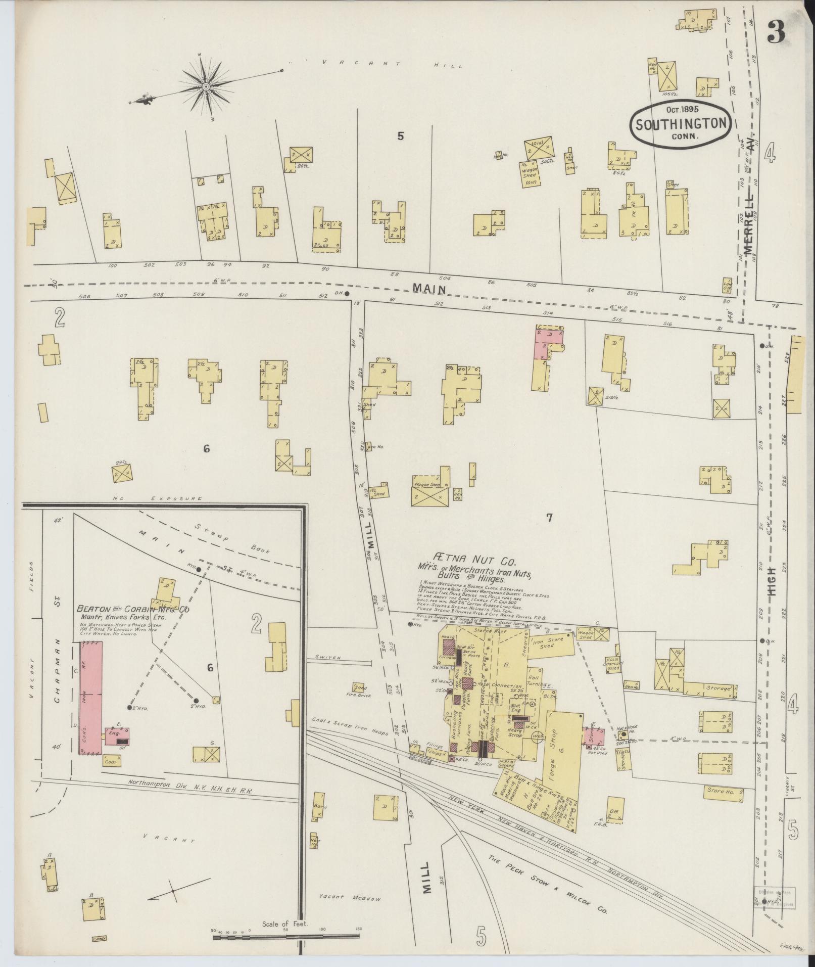 Sanborn Fire Insurance Map from Southington, Hartford County, Connecticut (1895), Sheet #0003 - Historic Sanborn Fire Insurance Map Print, vintage old map wall art, antique decor, genealogy gift, Connecticut Connecticut map