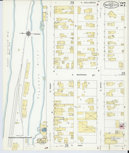 Sanborn Fire Insurance Map from Traverse City, Grand Traverse County, Michigan (1910), Sheet #0027 - Historic Sanborn Fire Insurance Map Print, vintage old map wall art, antique decor, genealogy gift, Michigan Michigan map