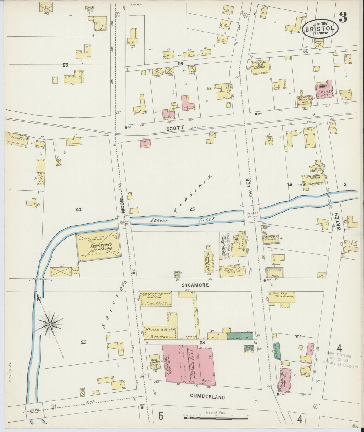 Sanborn Fire Insurance Map from Bristol, Sullivan County, Tennessee (1898), Sheet #0003 - Historic Sanborn Fire Insurance Map Print, vintage old map wall art, antique decor, genealogy gift, Tennessee Tennessee map