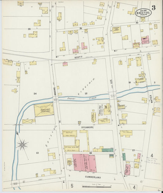 Sanborn Fire Insurance Map from Bristol, Sullivan County, Tennessee (1898), Sheet #0003 - Historic Sanborn Fire Insurance Map Print, vintage old map wall art, antique decor, genealogy gift, Tennessee Tennessee map