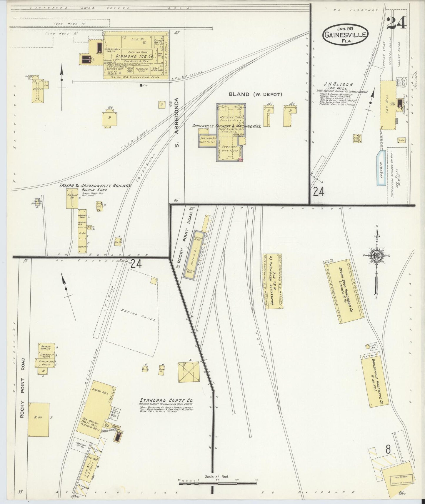 Sanborn Fire Insurance Map from Gainesville, Alachua County, Florida (1913), Sheet #0024 - Complete Map Set gallery image, historic Sanborn map, vintage wall art, Florida Florida
