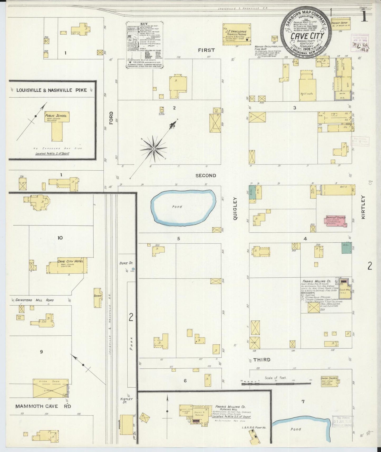 Sanborn Fire Insurance Map from Cave City, Barren County, Kentucky (1909), Sheet #0001 - Historic Sanborn Fire Insurance Map Print, vintage old map wall art, antique decor, genealogy gift, Kentucky Kentucky map
