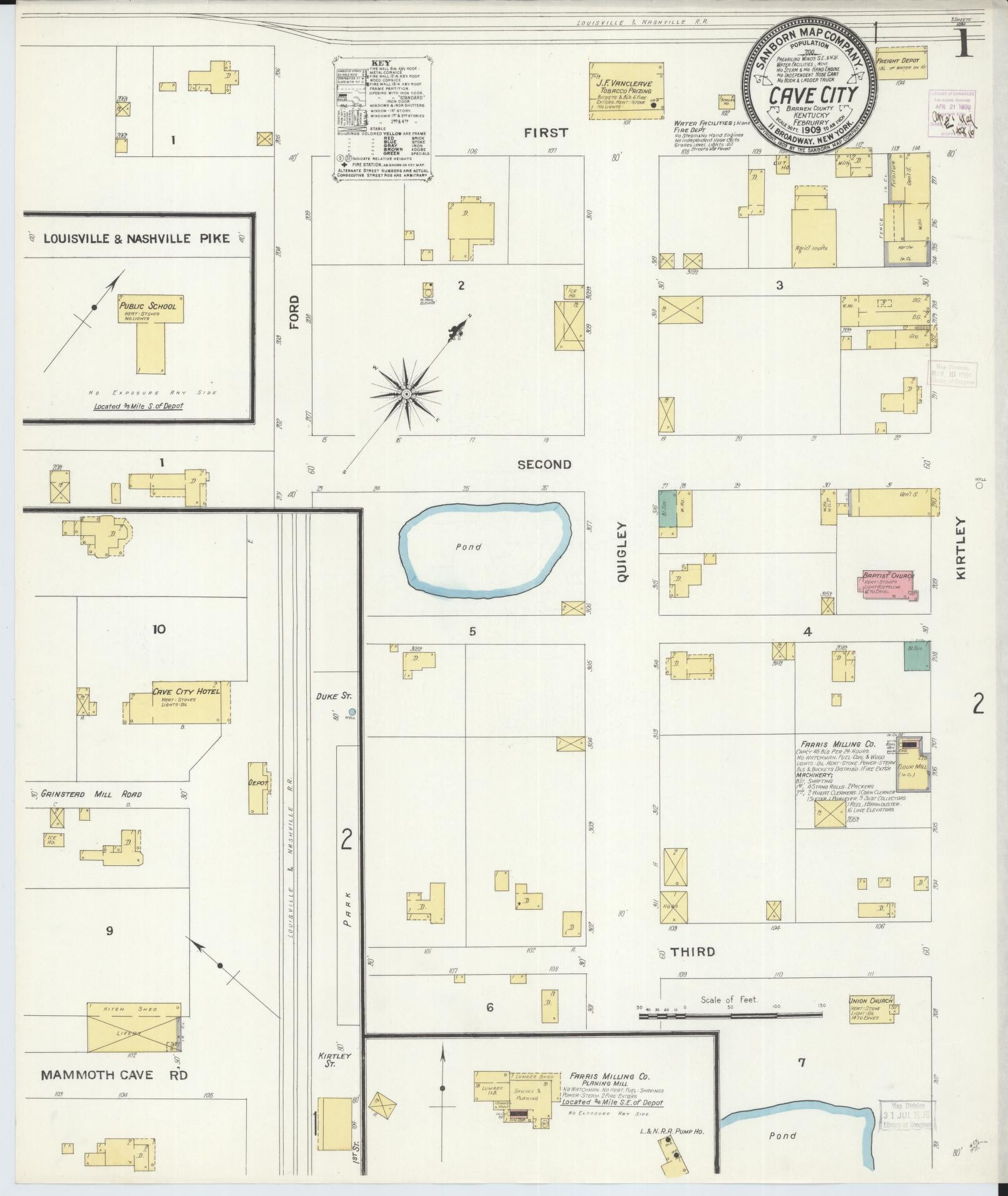 Sanborn Fire Insurance Map from Cave City, Barren County, Kentucky (1909), Sheet #0001 - Historic Sanborn Fire Insurance Map Print, vintage old map wall art, antique decor, genealogy gift, Kentucky Kentucky map