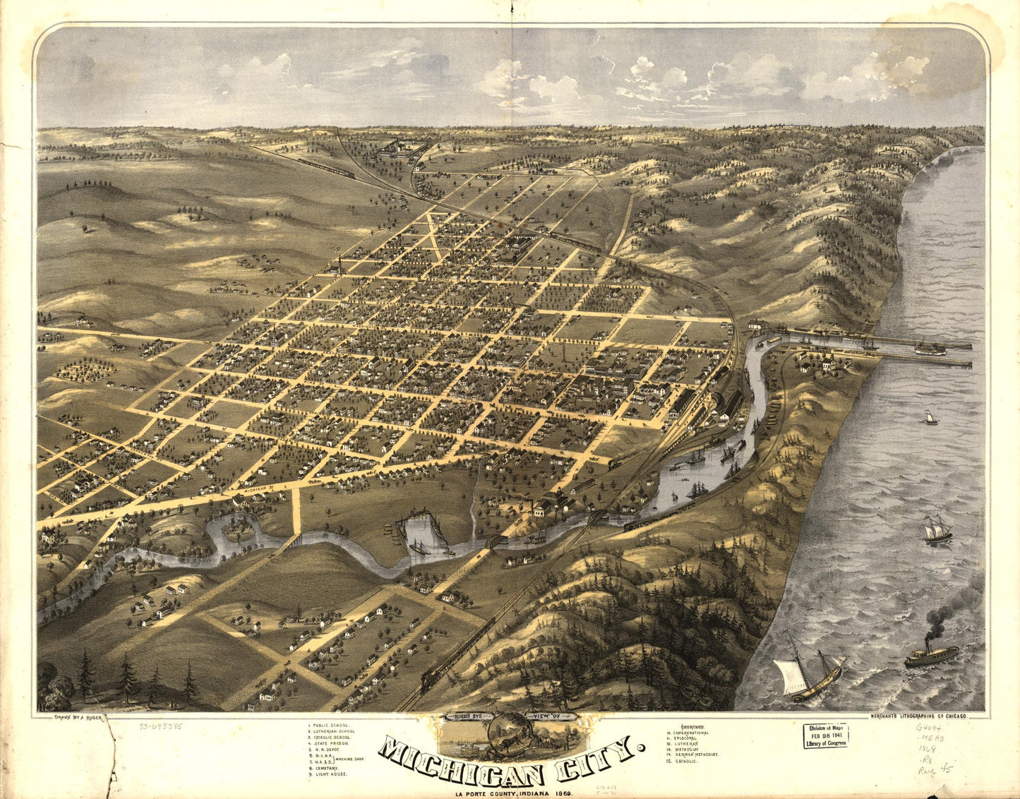 Bird's eye view of Michigan City, La Porte County, Indiana 1869. (1869) – Historic Bird’s-Eye View Panorama Print