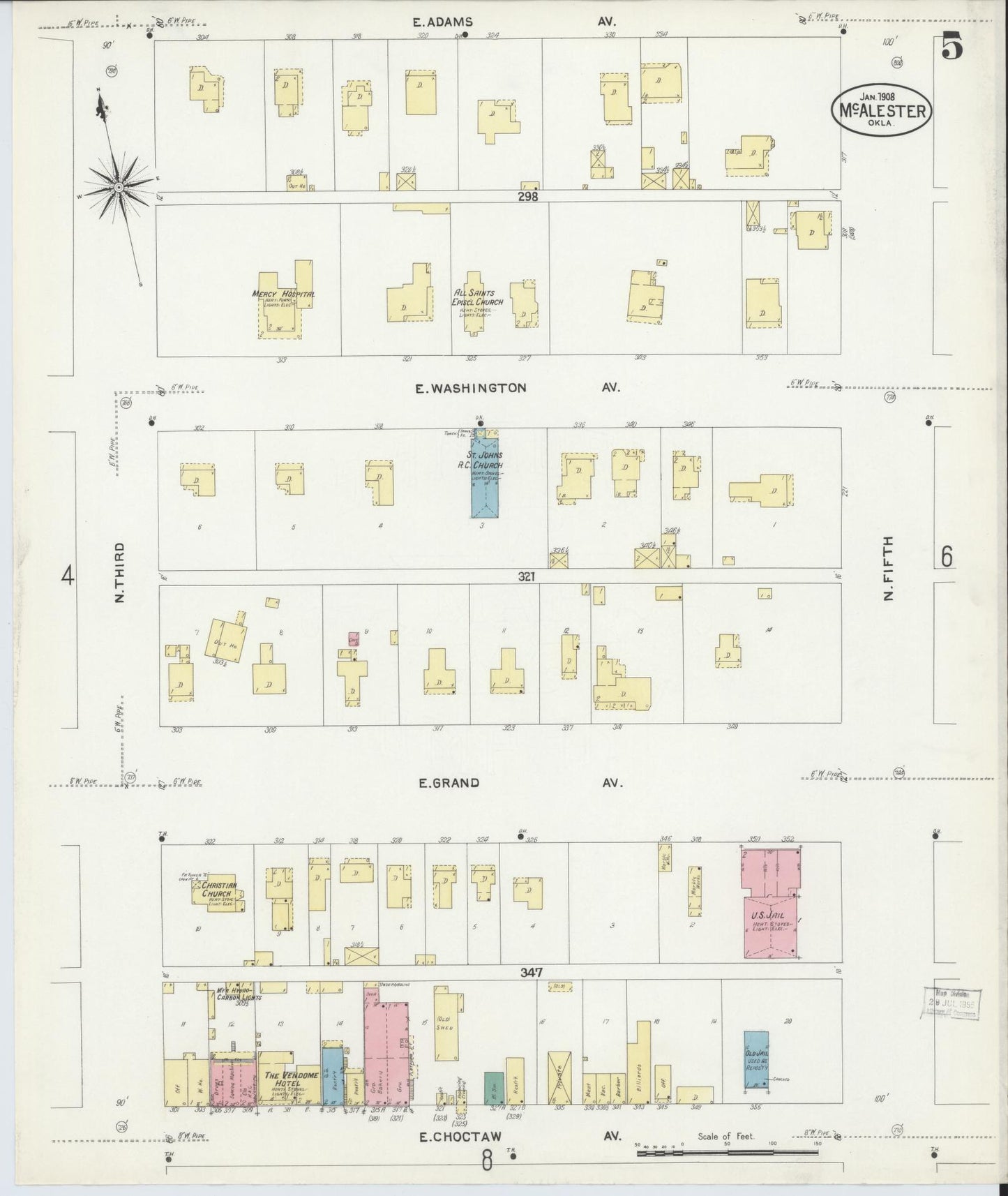 Sanborn Fire Insurance Map from McAlester, Pittsburg County, Oklahoma (1908), Sheet #0005 - Complete Map Set gallery image, historic Sanborn map, vintage wall art, Oklahoma Oklahoma
