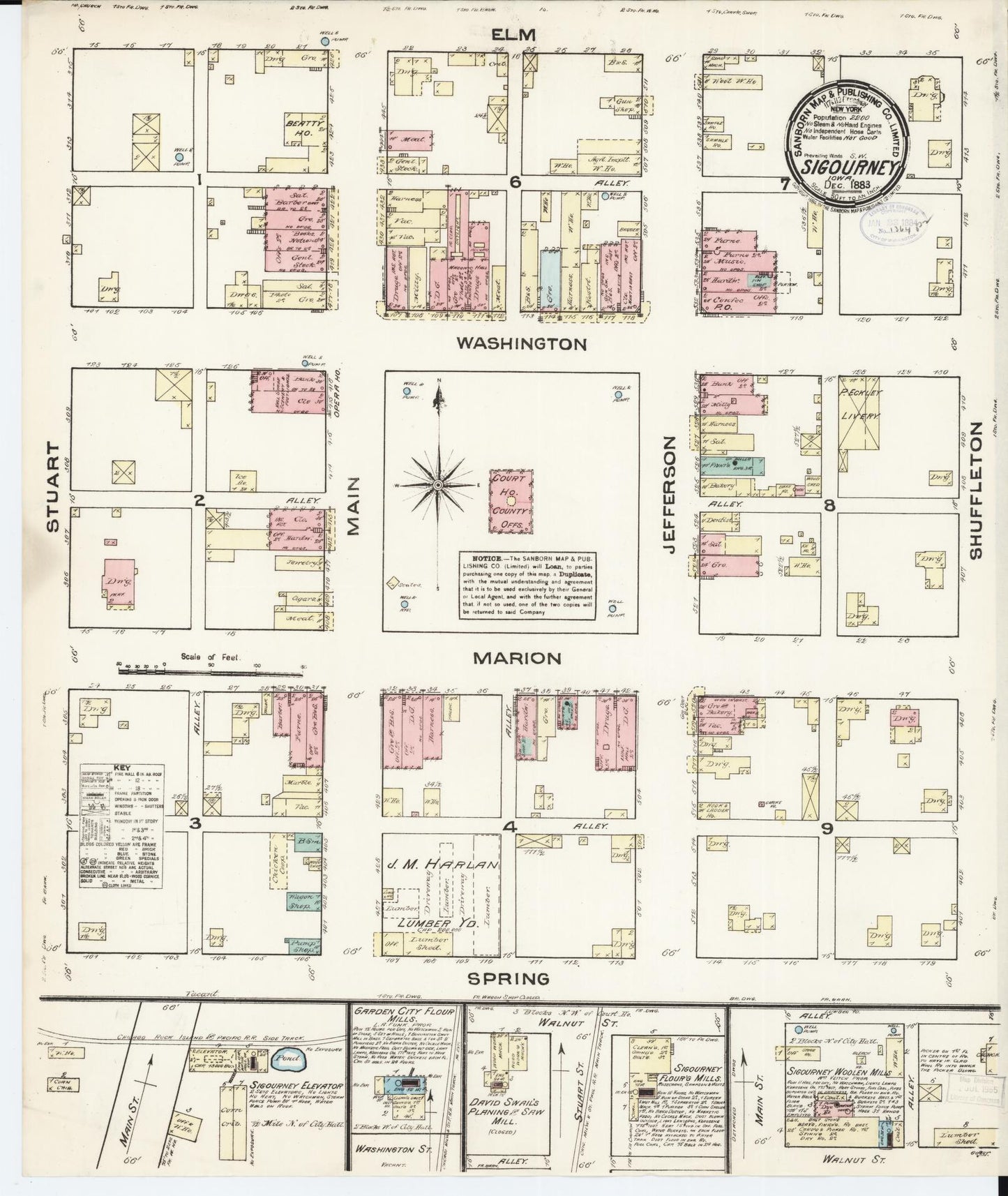 Sanborn Fire Insurance Map from Sigourney, Kiokuk County, Iowa (1883), Sheet #0001 - Historic Sanborn Fire Insurance Map Print, vintage old map wall art
