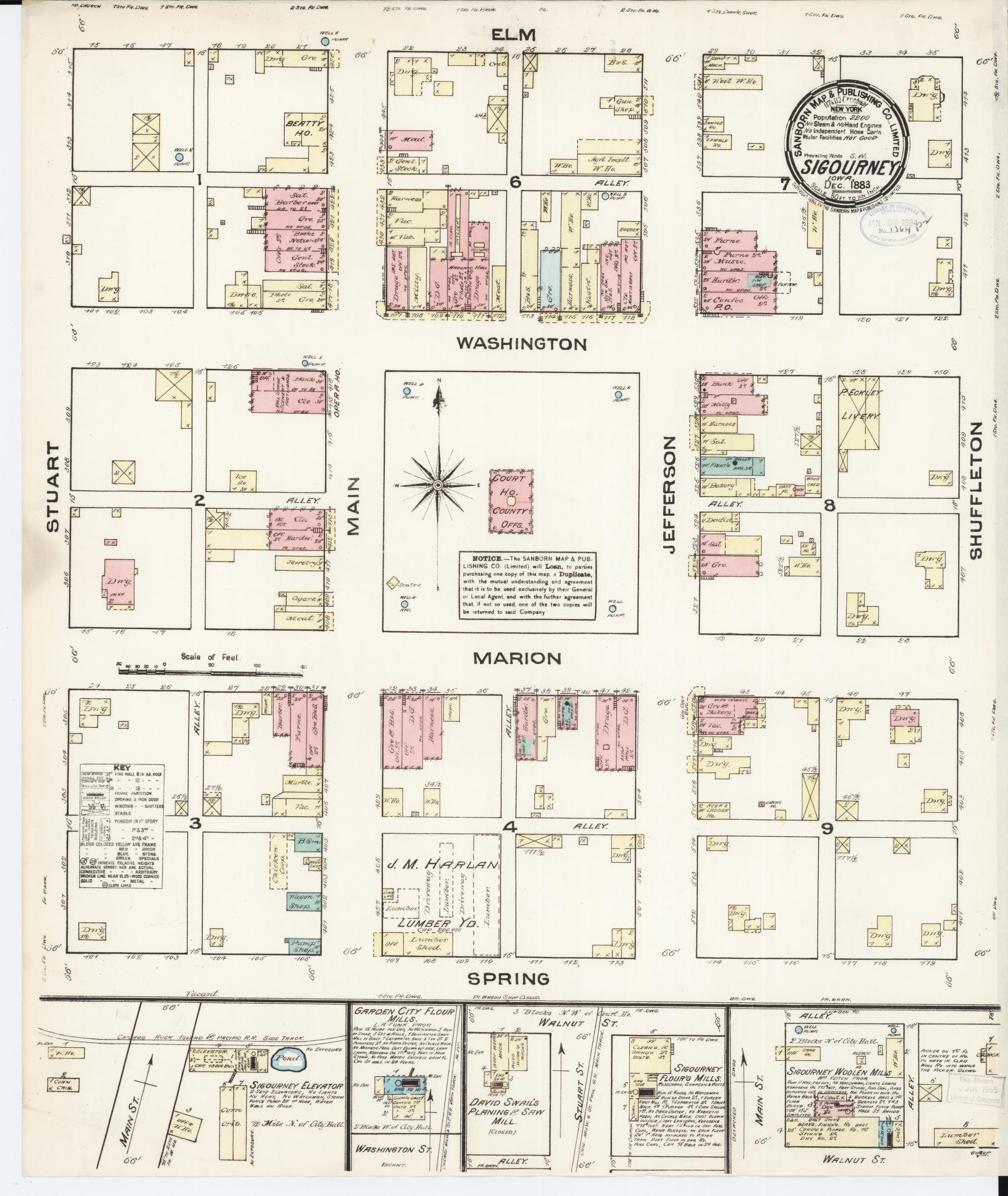 Sanborn Fire Insurance Map from Sigourney, Kiokuk County, Iowa (1883), Sheet #0001 - Historic Sanborn Fire Insurance Map Print, vintage old map wall art