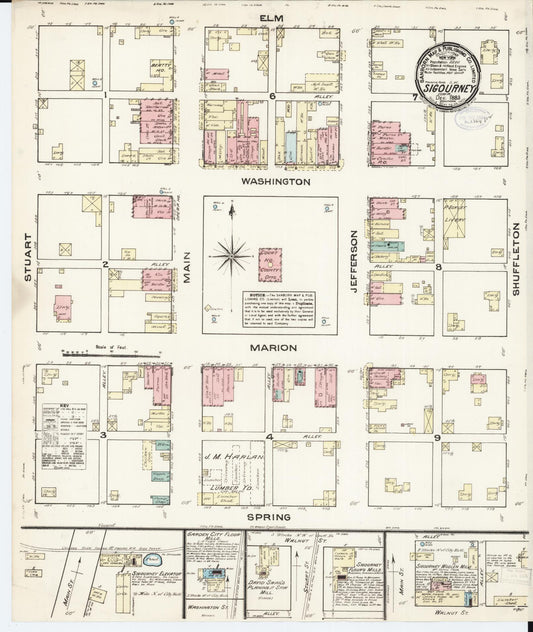 Sanborn Fire Insurance Map from Sigourney, Kiokuk County, Iowa (1883), Sheet #0001 - Historic Sanborn Fire Insurance Map Print, vintage old map wall art