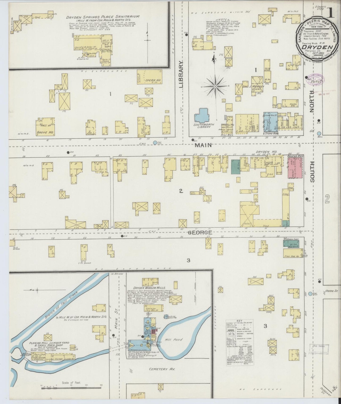 Sanborn Fire Insurance Map from Dryden, Tompkins County, New York (1893), Sheet #0001 - Historic Sanborn Fire Insurance Map Print, vintage old map wall art, antique decor, genealogy gift, New York New York map