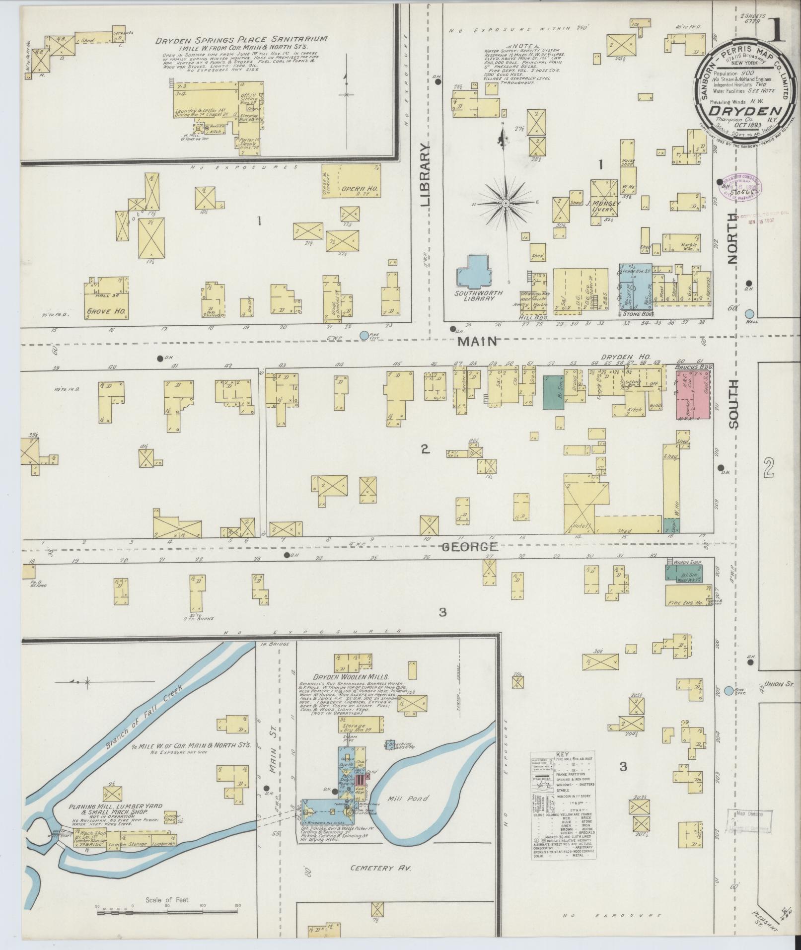 Sanborn Fire Insurance Map from Dryden, Tompkins County, New York (1893), Sheet #0001 - Historic Sanborn Fire Insurance Map Print, vintage old map wall art, antique decor, genealogy gift, New York New York map