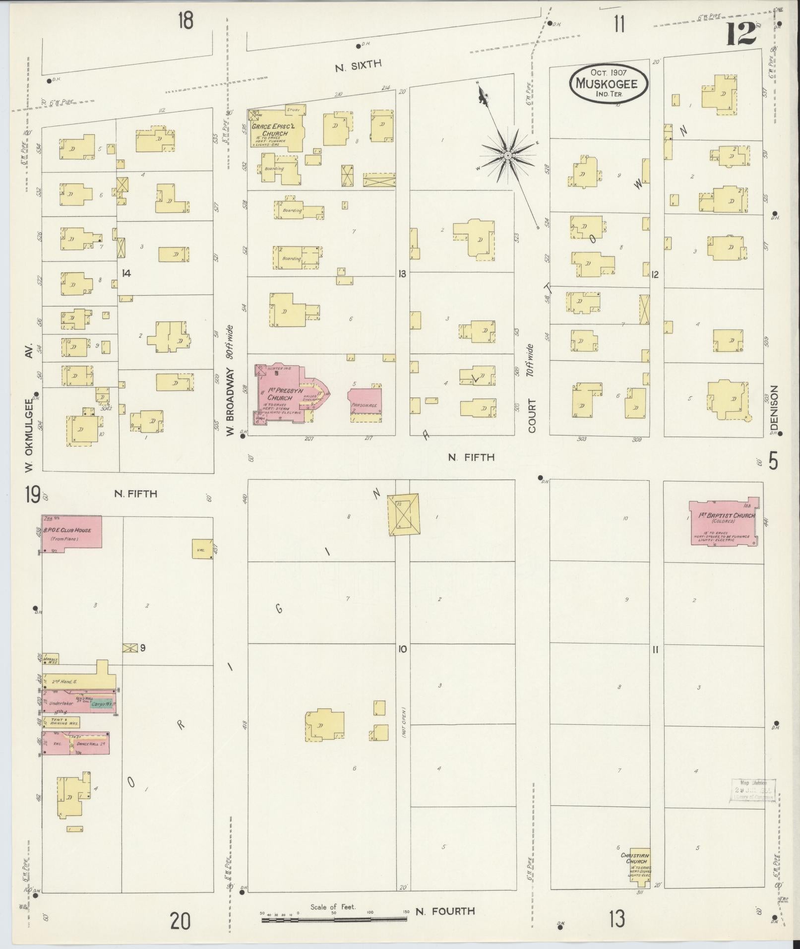 Sanborn Fire Insurance Map from Muskogee, Muskogee County, Oklahoma (1907), Sheet #0012 - Complete Map Set gallery image, historic Sanborn map, vintage wall art, Oklahoma Oklahoma