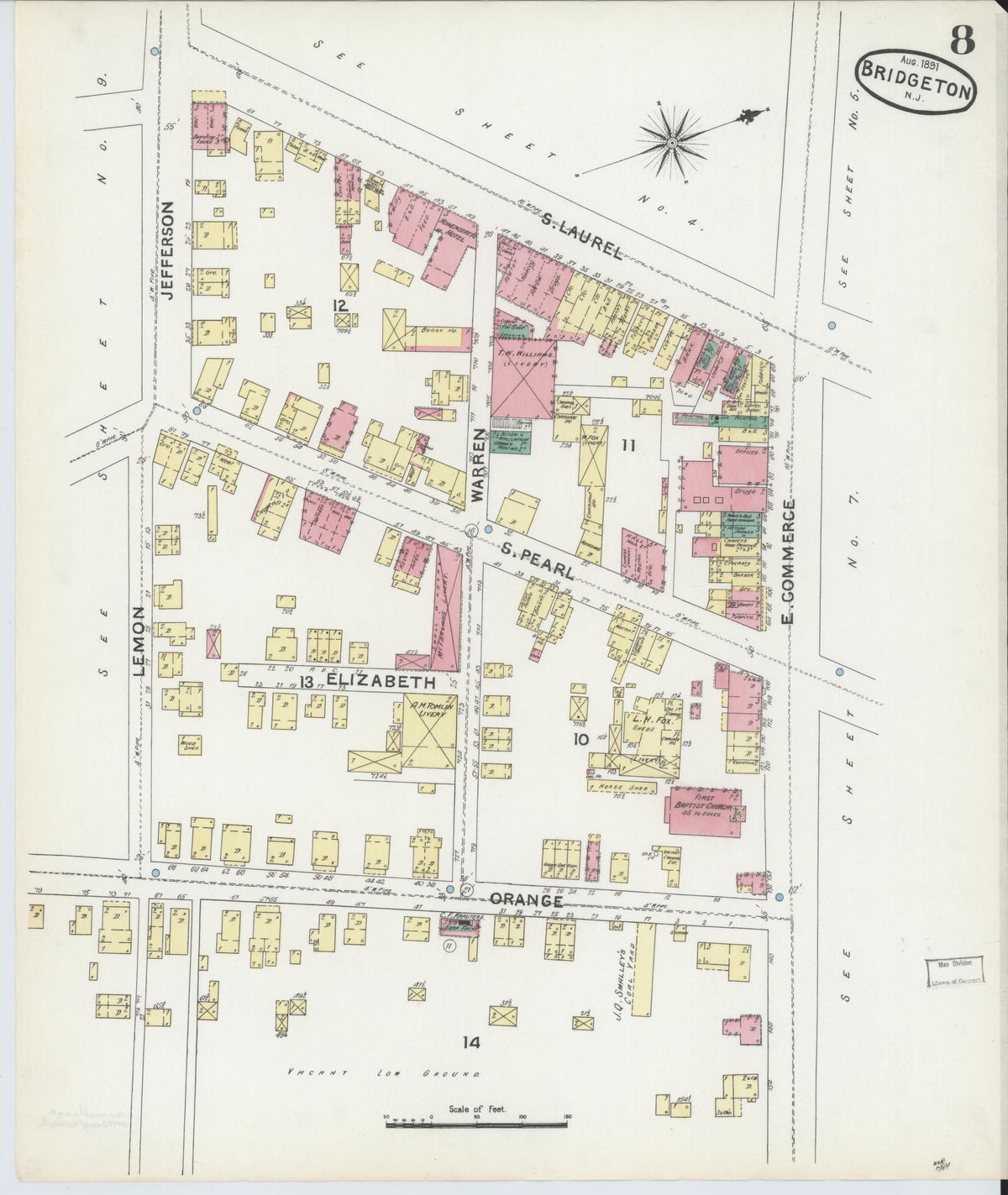 Sanborn Fire Insurance Map from Bridgeton, Cumberland County, New Jersey (1891), Sheet #0008 - Complete Map Set gallery image, historic Sanborn map, vintage wall art, New Jersey New Jersey