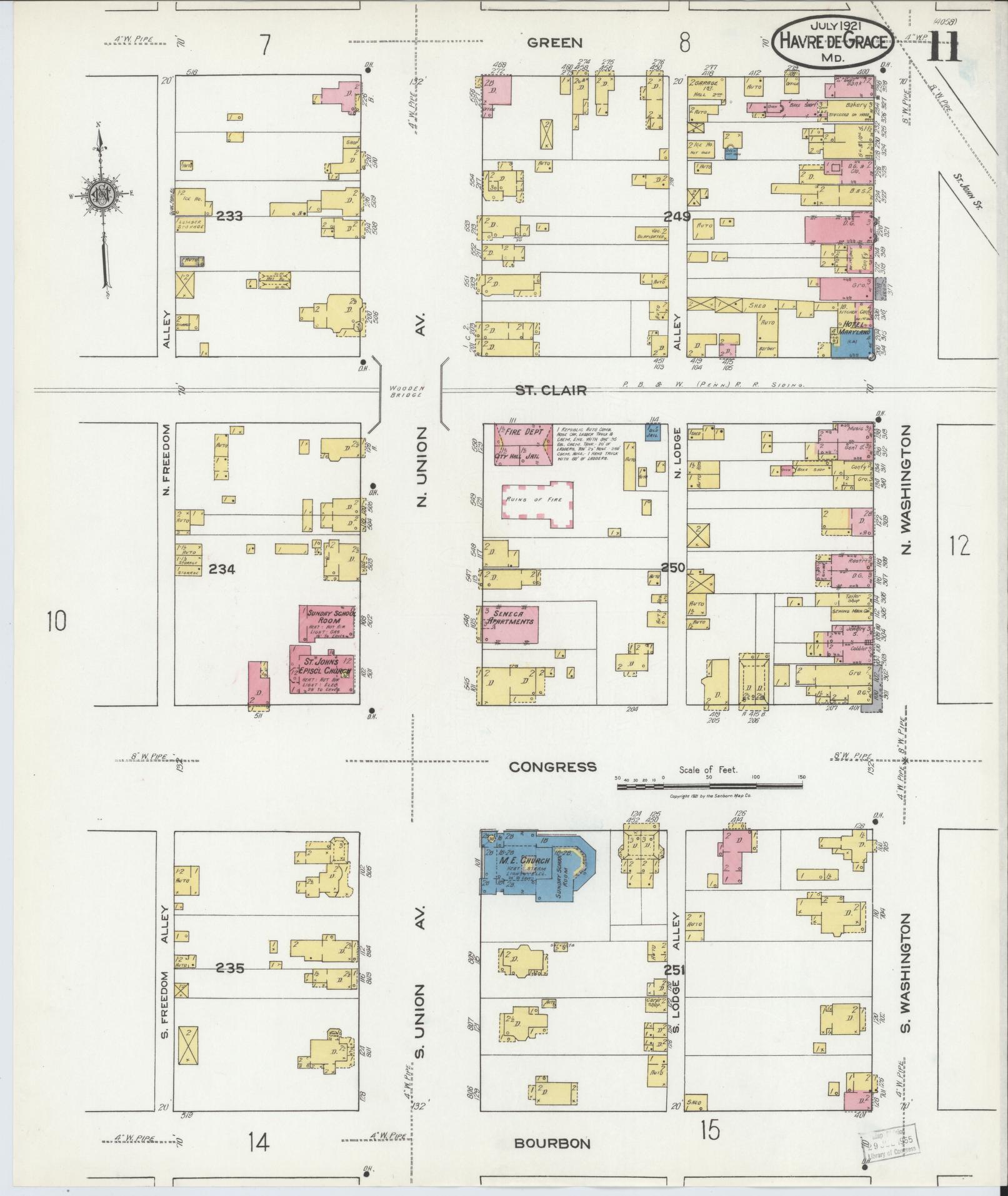 Sanborn Fire Insurance Map from Havre De Grace, Harford County, Maryland (1921), Sheet #0011 - Historic Sanborn Fire Insurance Map Print, vintage old map wall art
