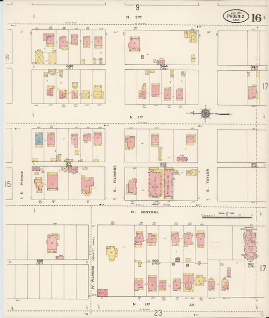Sanborn Fire Insurance Map from Phoenix, Maricopa County, Arizona (1911), Sheet #0016 - Historic Sanborn Fire Insurance Map Print, vintage old map wall art, antique decor, genealogy gift, Arizona Arizona map