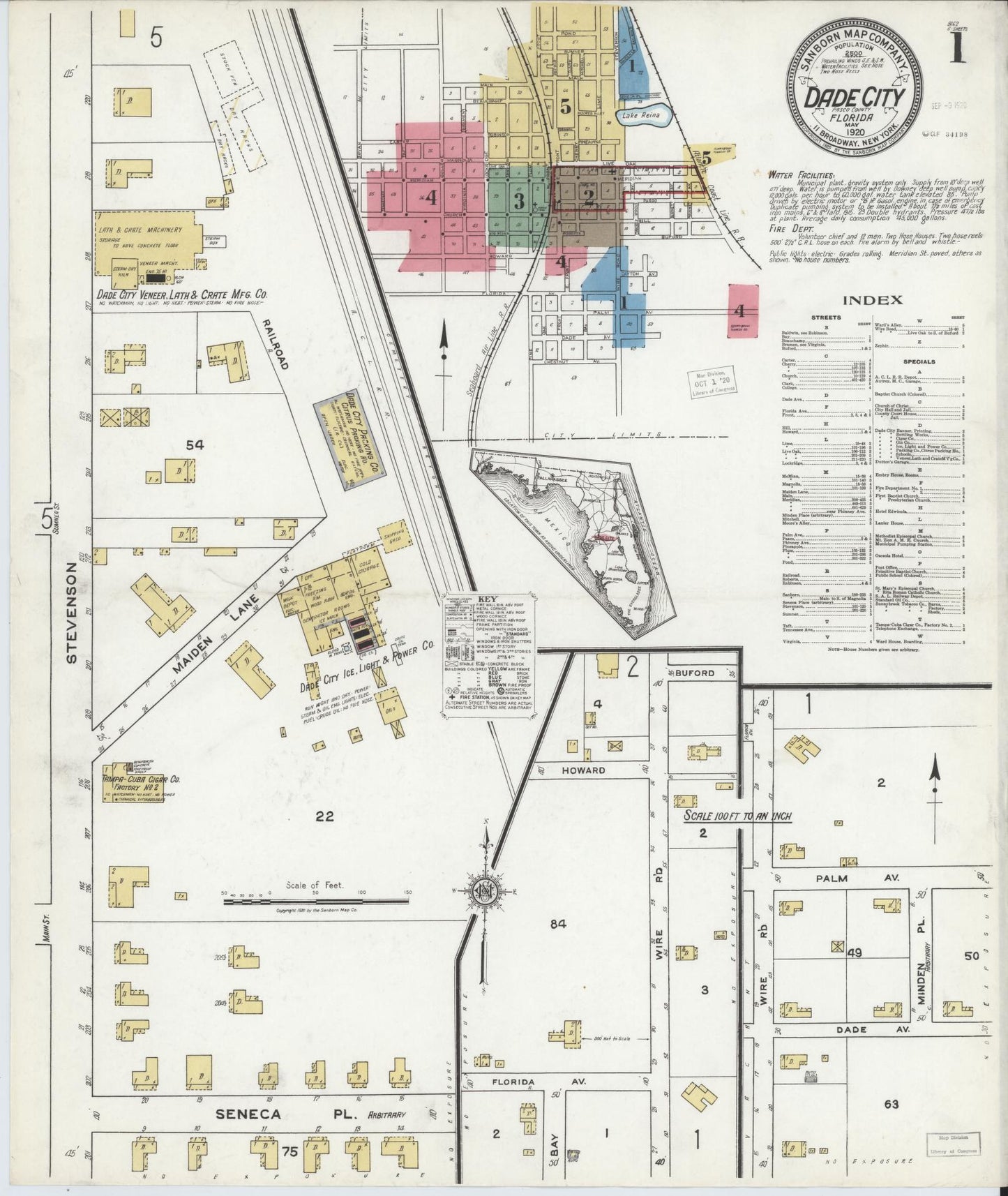 Sanborn Fire Insurance Map from Dade City, Pasco County, Florida (1920), Sheet #0001 - Historic Sanborn Fire Insurance Map Print, vintage old map wall art, antique decor, genealogy gift, Florida Florida map