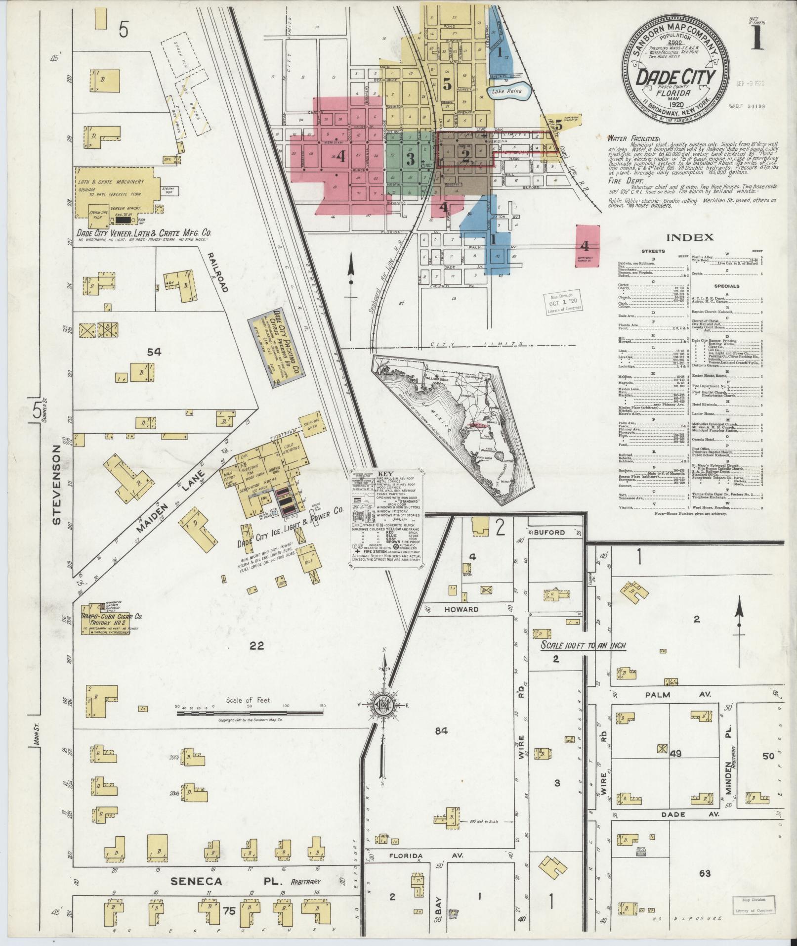 Sanborn Fire Insurance Map from Dade City, Pasco County, Florida (1920), Sheet #0001 - Historic Sanborn Fire Insurance Map Print, vintage old map wall art, antique decor, genealogy gift, Florida Florida map
