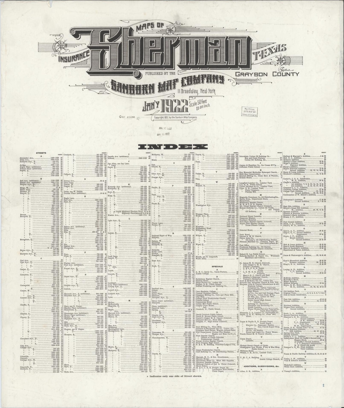 Sanborn Fire Insurance Map from Sherman, Grayson County, Texas (1922), Sheet #0001 - Historic Sanborn Fire Insurance Map Print, vintage old map wall art, antique decor, genealogy gift, Texas Texas map