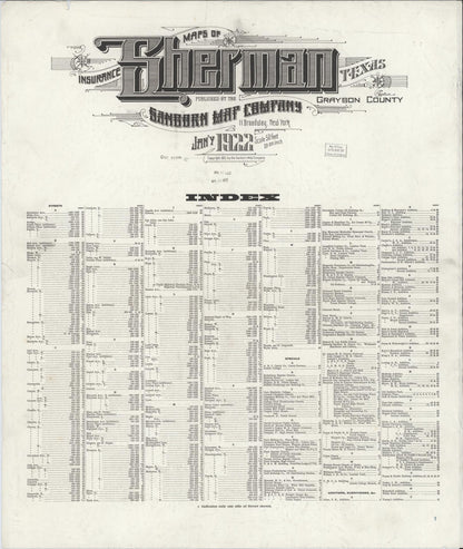 Sanborn Fire Insurance Map from Sherman, Grayson County, Texas (1922), Sheet #0001 - Historic Sanborn Fire Insurance Map Print, vintage old map wall art, antique decor, genealogy gift, Texas Texas map