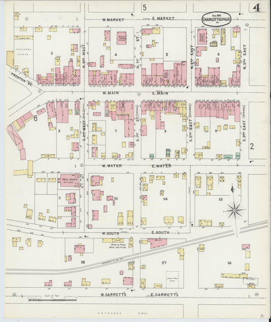 Sanborn Fire Insurance Map from Charlottesville, Independent Cities, Virginia (1896), Sheet #0004 - Historic Sanborn Fire Insurance Map Print, vintage old map wall art, antique decor, genealogy gift, Virginia Virginia map