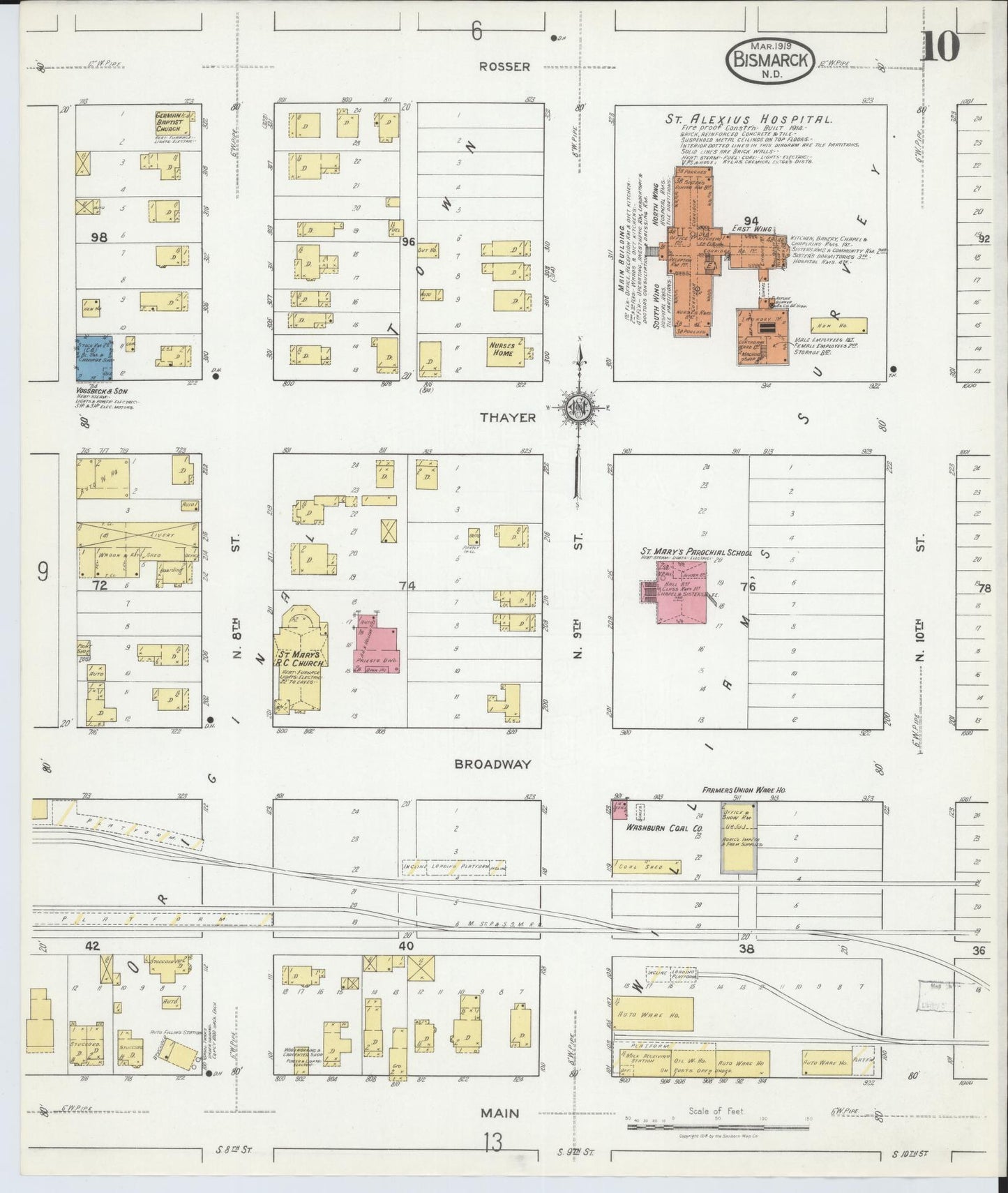 Sanborn Fire Insurance Map from Bismarck, Burleigh County, North Dakota (1919), Sheet #0010 - Complete Map Set gallery image, historic Sanborn map, vintage wall art, North Dakota North Dakota