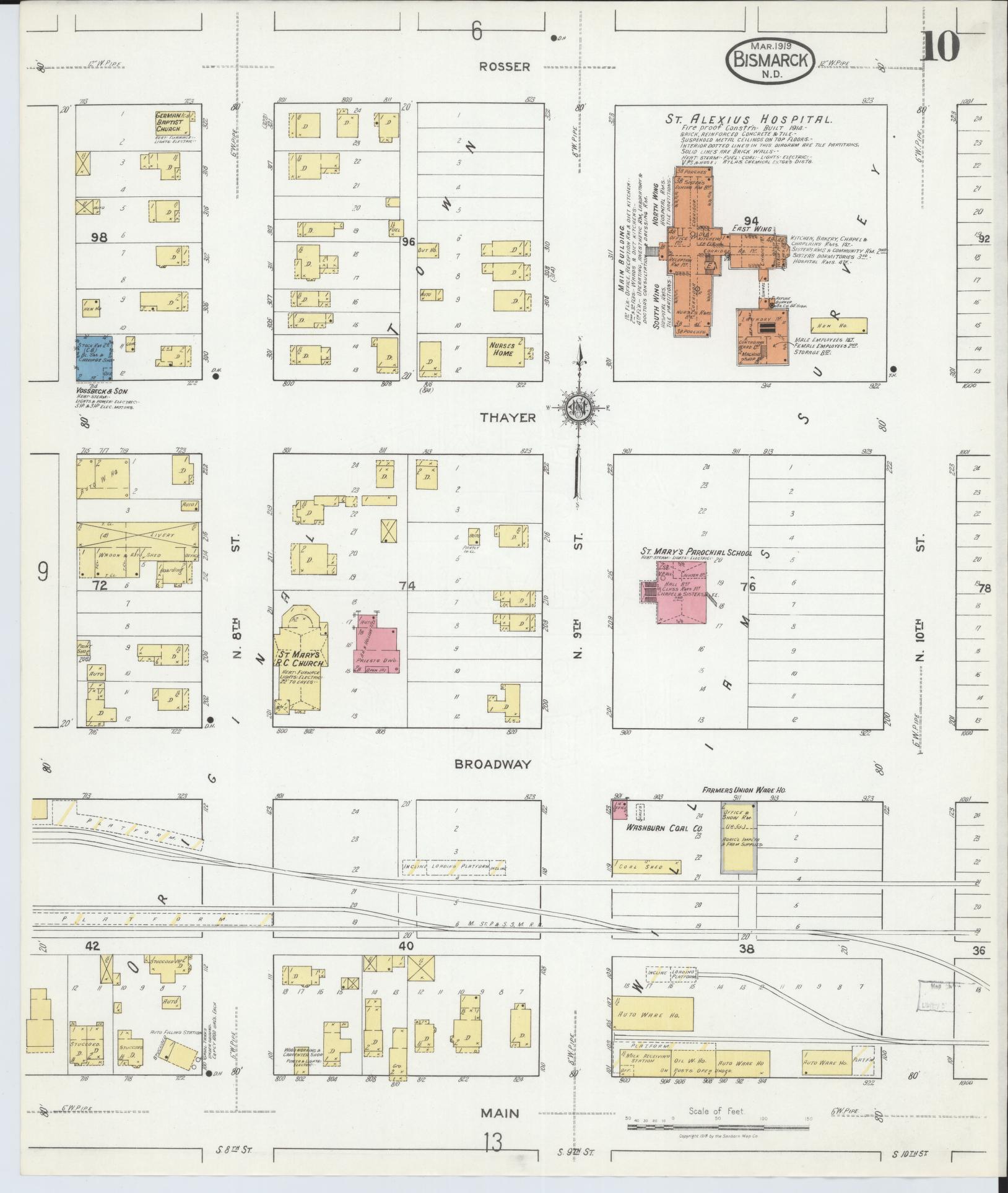 Sanborn Fire Insurance Map from Bismarck, Burleigh County, North Dakota (1919), Sheet #0010 - Complete Map Set gallery image, historic Sanborn map, vintage wall art, North Dakota North Dakota