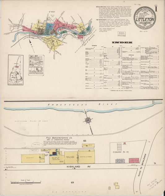 Sanborn Fire Insurance Map from Littleton, Grafton County, New Hampshire (1921), Sheet #0001 - Historic Sanborn Fire Insurance Map Print, vintage old map wall art, antique decor, genealogy gift, New Hampshire New Hampshire map