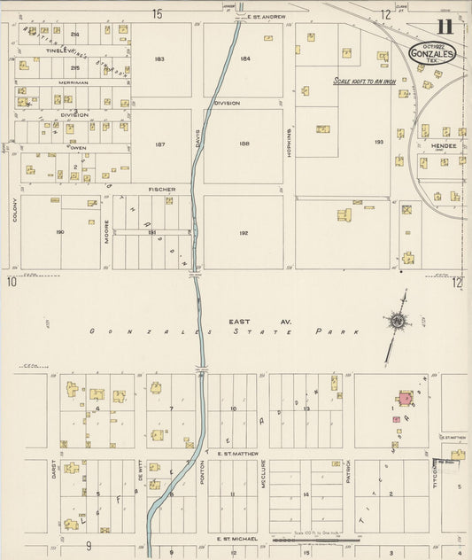 Sanborn Fire Insurance Map from Gonzales, Gonzales County, Texas (1922), Sheet #0011 - Historic Sanborn Fire Insurance Map Print, vintage old map wall art, antique decor, genealogy gift, Texas Texas map