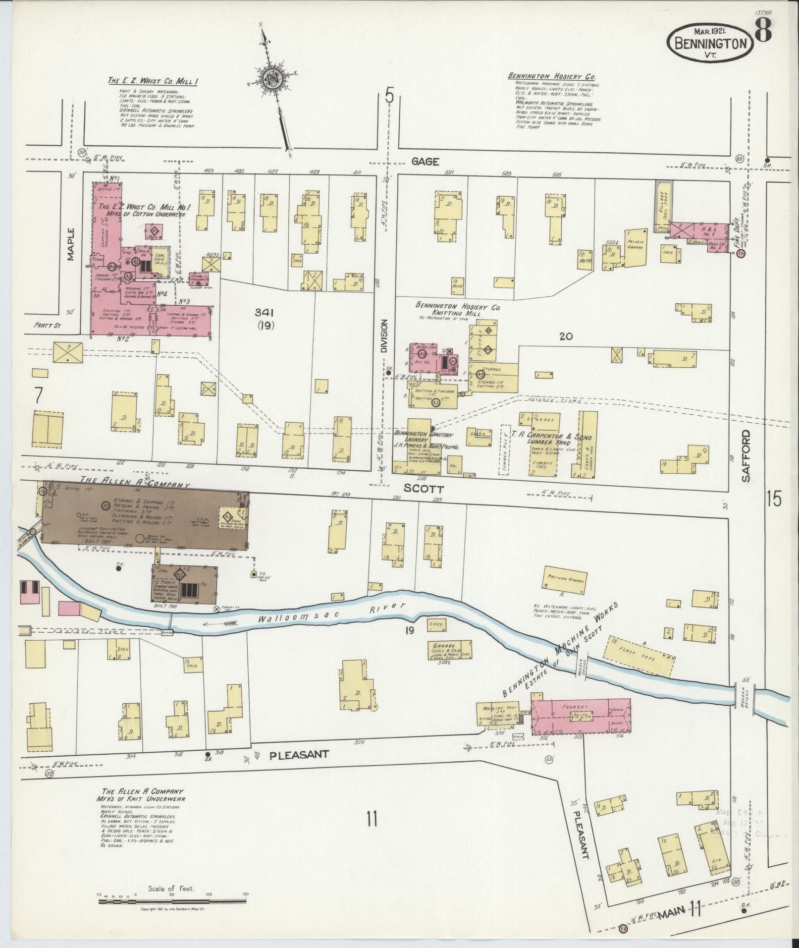 Sanborn Fire Insurance Map from Bennington, Bennington County, Vermont (1921), Sheet #0008 - Complete Map Set gallery image, historic Sanborn map, vintage wall art, Vermont Vermont
