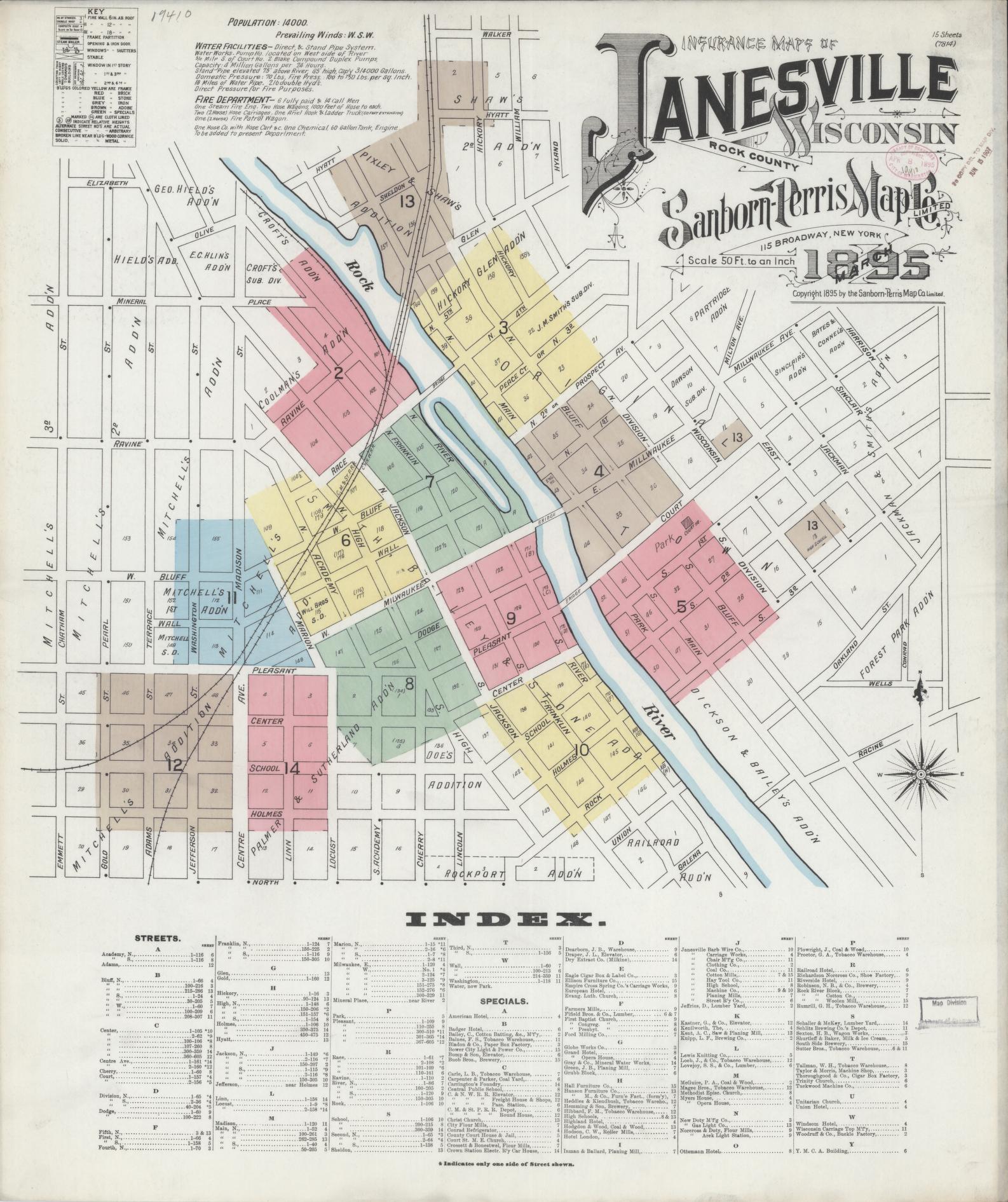 Sanborn Fire Insurance Map from Janesville, Rock County, Wisconsin (1895), Sheet #0001 - Historic Sanborn Fire Insurance Map Print, vintage old map wall art, antique decor, genealogy gift, Wisconsin Wisconsin map