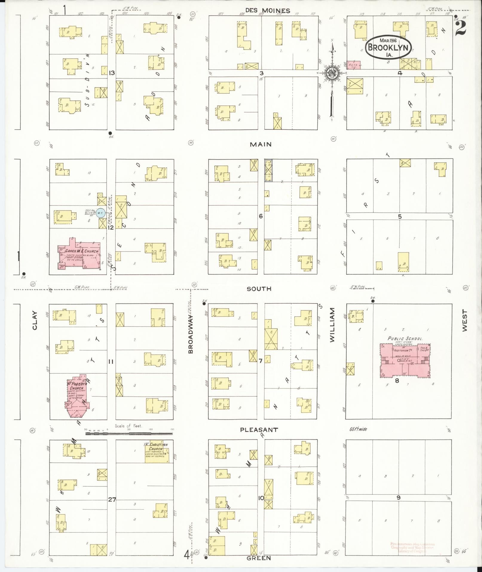 Sanborn Fire Insurance Map from Brooklyn, Poweshiek County, Iowa (1916), Sheet #0002 - Historic Sanborn Fire Insurance Map Print, vintage old map wall art