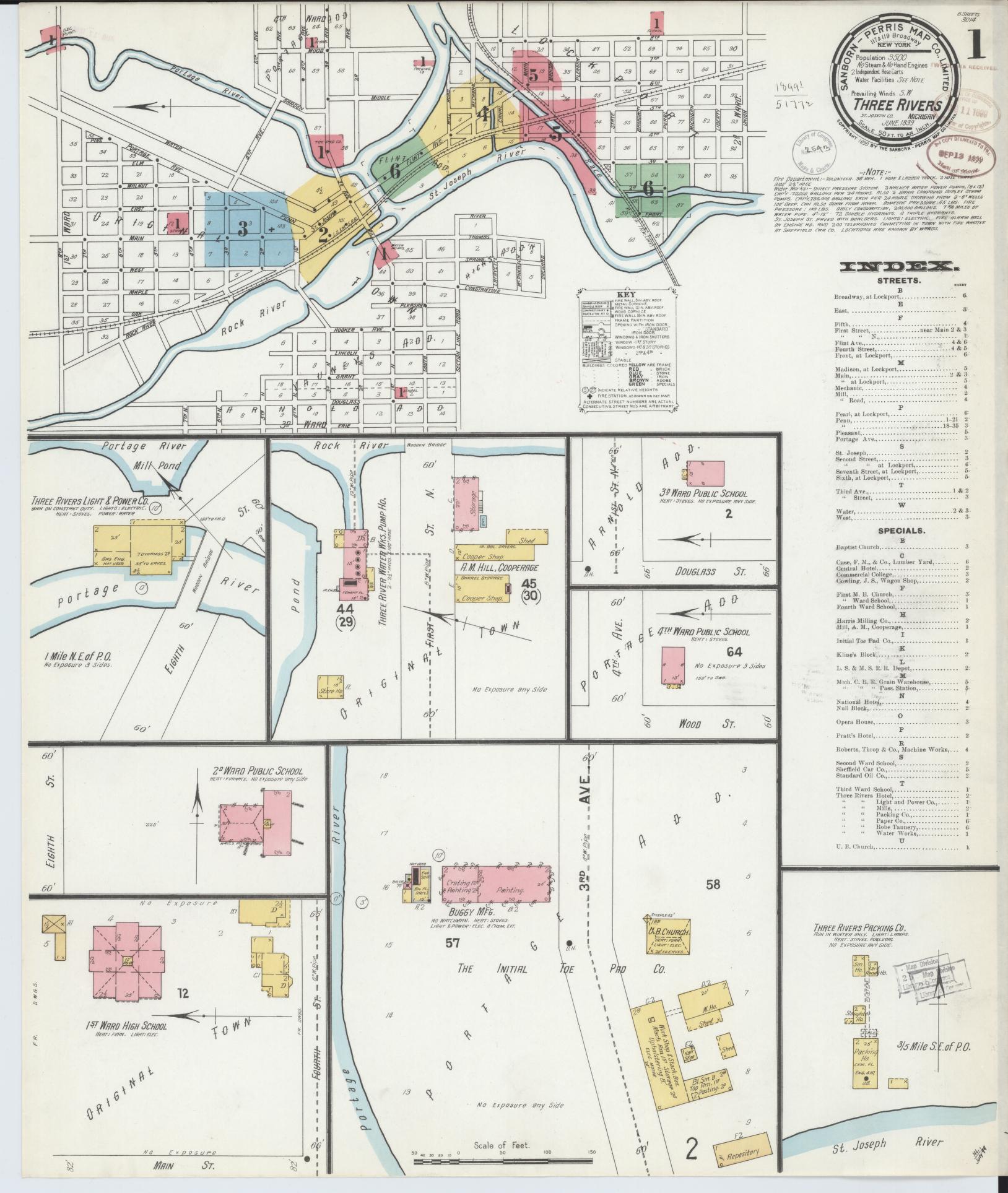 Sanborn Fire Insurance Map from Three Rivers, Saint Joseph County, Michigan (1899), Sheet #0001 - Historic Sanborn Fire Insurance Map Print, vintage old map wall art, antique decor, genealogy gift, Michigan Michigan map
