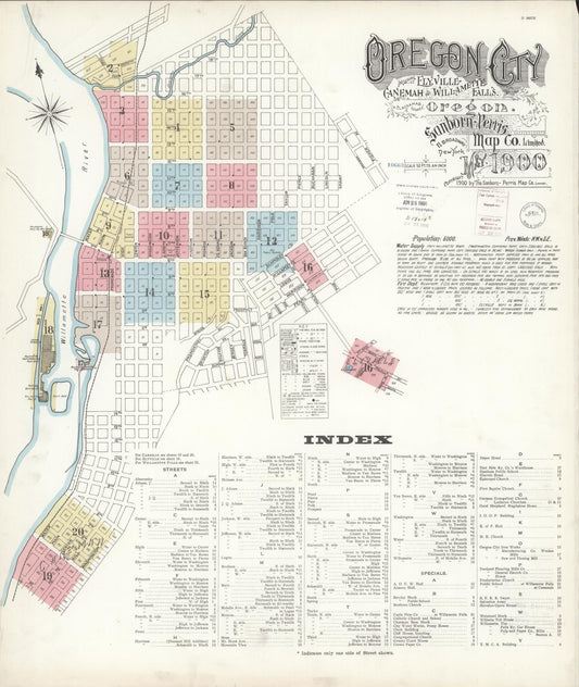 Sanborn Fire Insurance Map from Oregon City, Clackamas County, Oregon (1900), Sheet #0001 - Historic Sanborn Fire Insurance Map Print, vintage old map wall art, antique decor, genealogy gift, Oregon Oregon map
