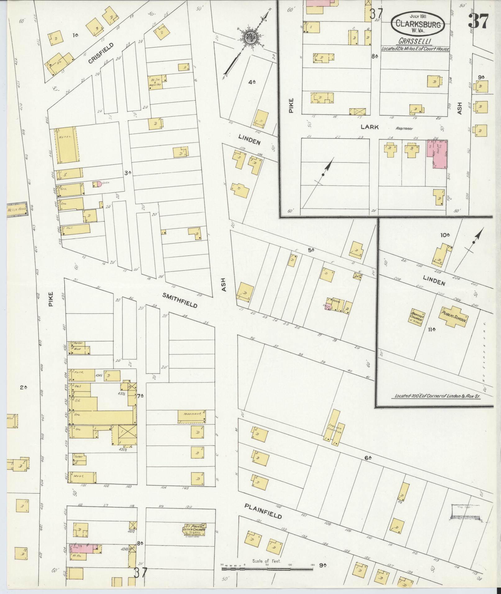 Sanborn Fire Insurance Map from Clarksburg, Harrison County, West Virginia (1911), Sheet #0037 - Historic Sanborn Fire Insurance Map Print, vintage old map wall art, antique decor, genealogy gift, West Virginia West Virginia map