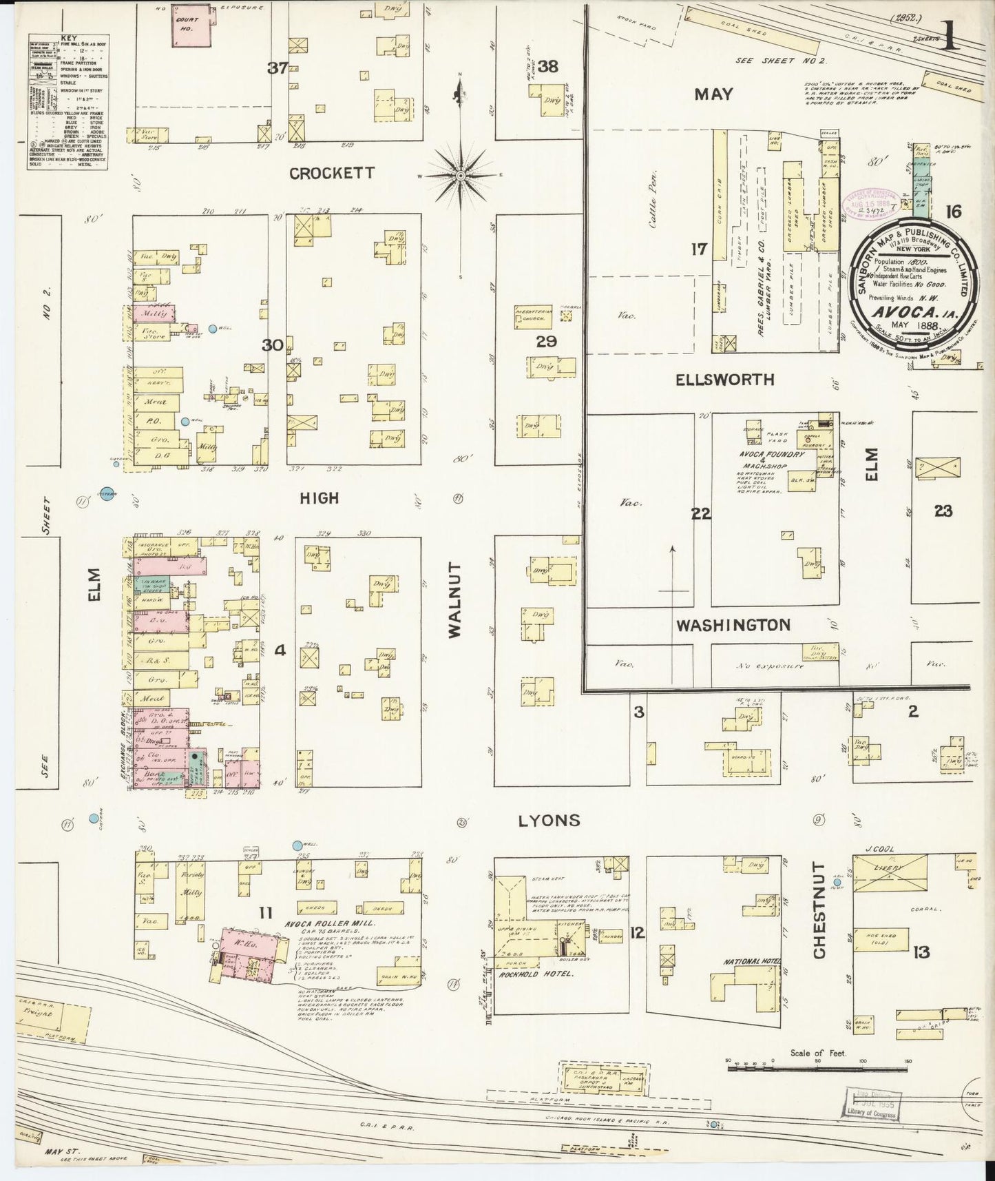 Sanborn Fire Insurance Map from Avoca, Pottawattamie County, Iowa (1888), Sheet #0001 - Historic Sanborn Fire Insurance Map Print, vintage old map wall art