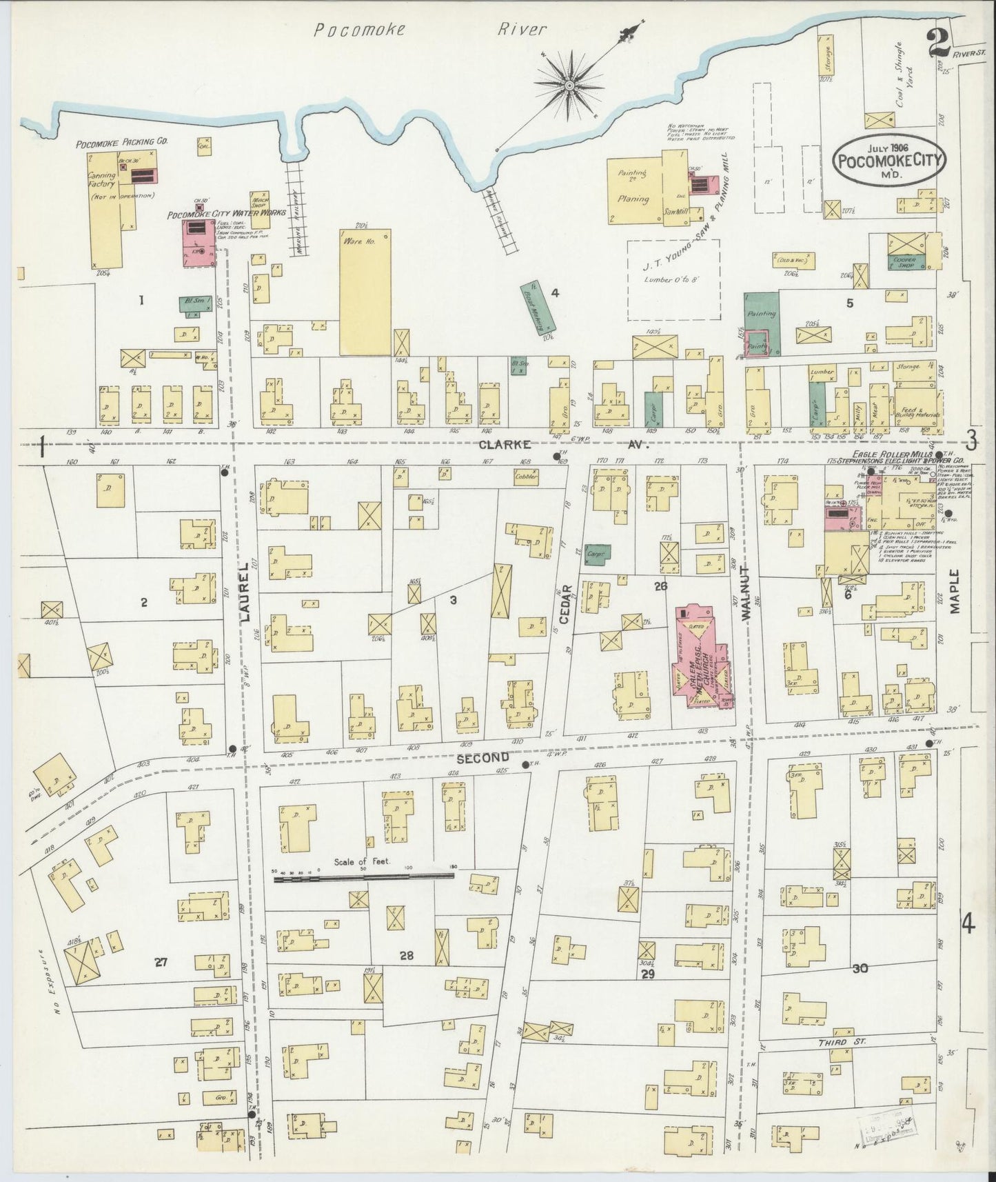 Sanborn Fire Insurance Map from Pocomoke City, Worcester County, Maryland (1906), Sheet #0002 - Historic Sanborn Fire Insurance Map Print, vintage old map wall art